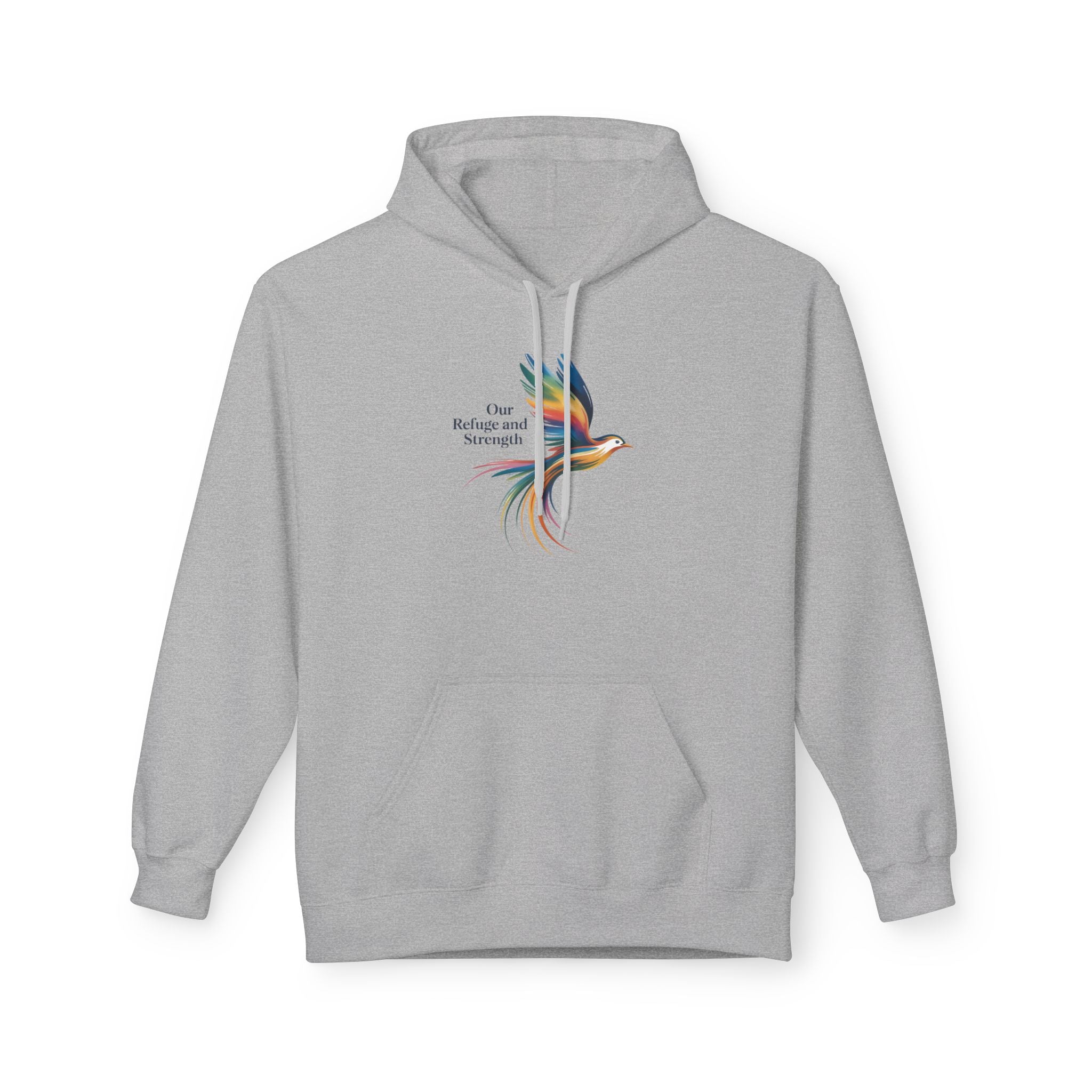 Freedom Sparrow Hoodie — Colorful Bird “One Refuge One Strength” Chest Print