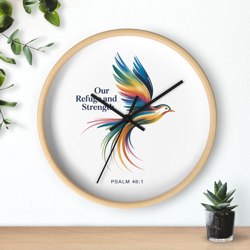 Wall Clock — 'Our Refuge and Strength' Colorful Dove Psalm 46:1 Christian Wall Clock
