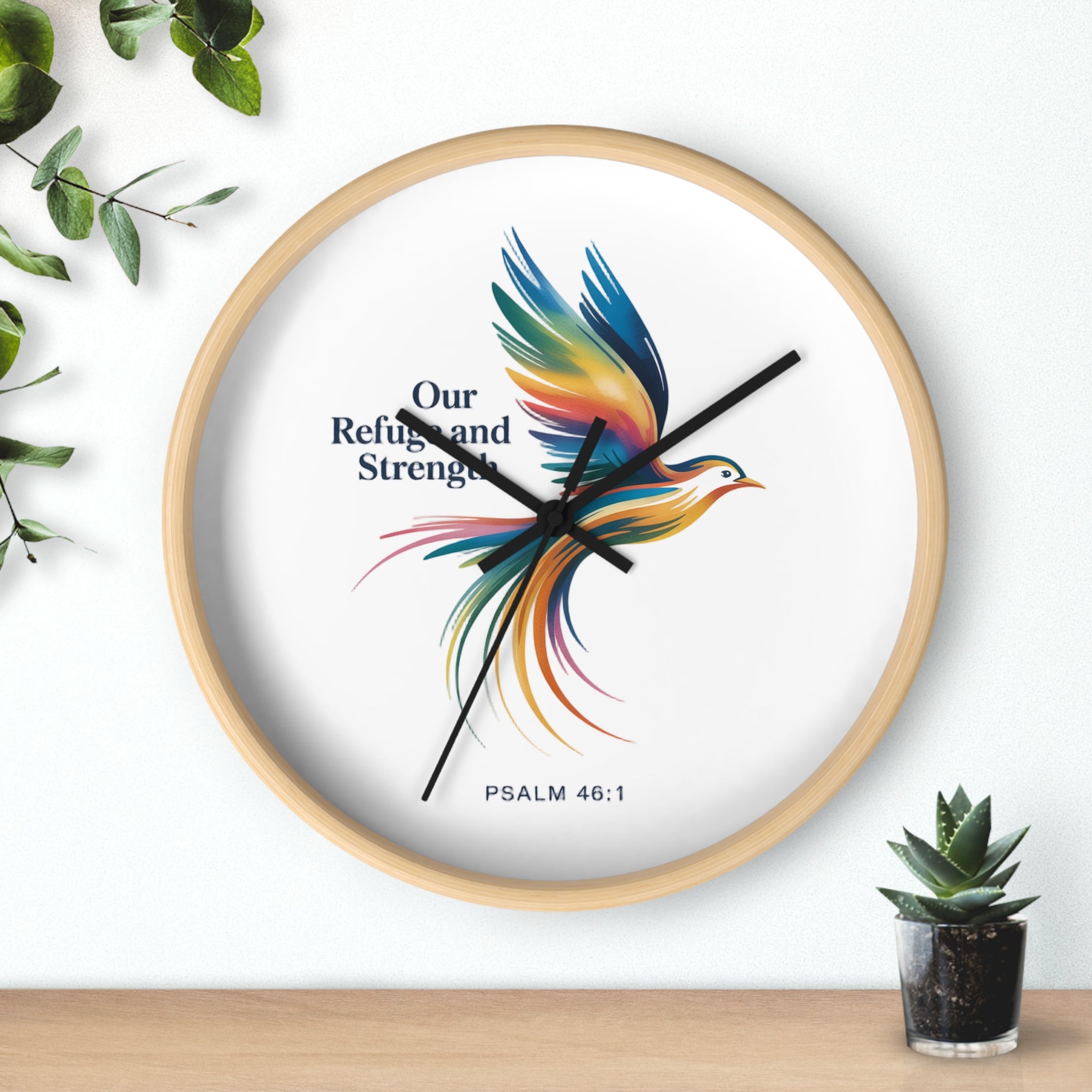 Wall Clock — 'Our Refuge and Strength' Colorful Dove Psalm 46:1 Christian Wall Clock