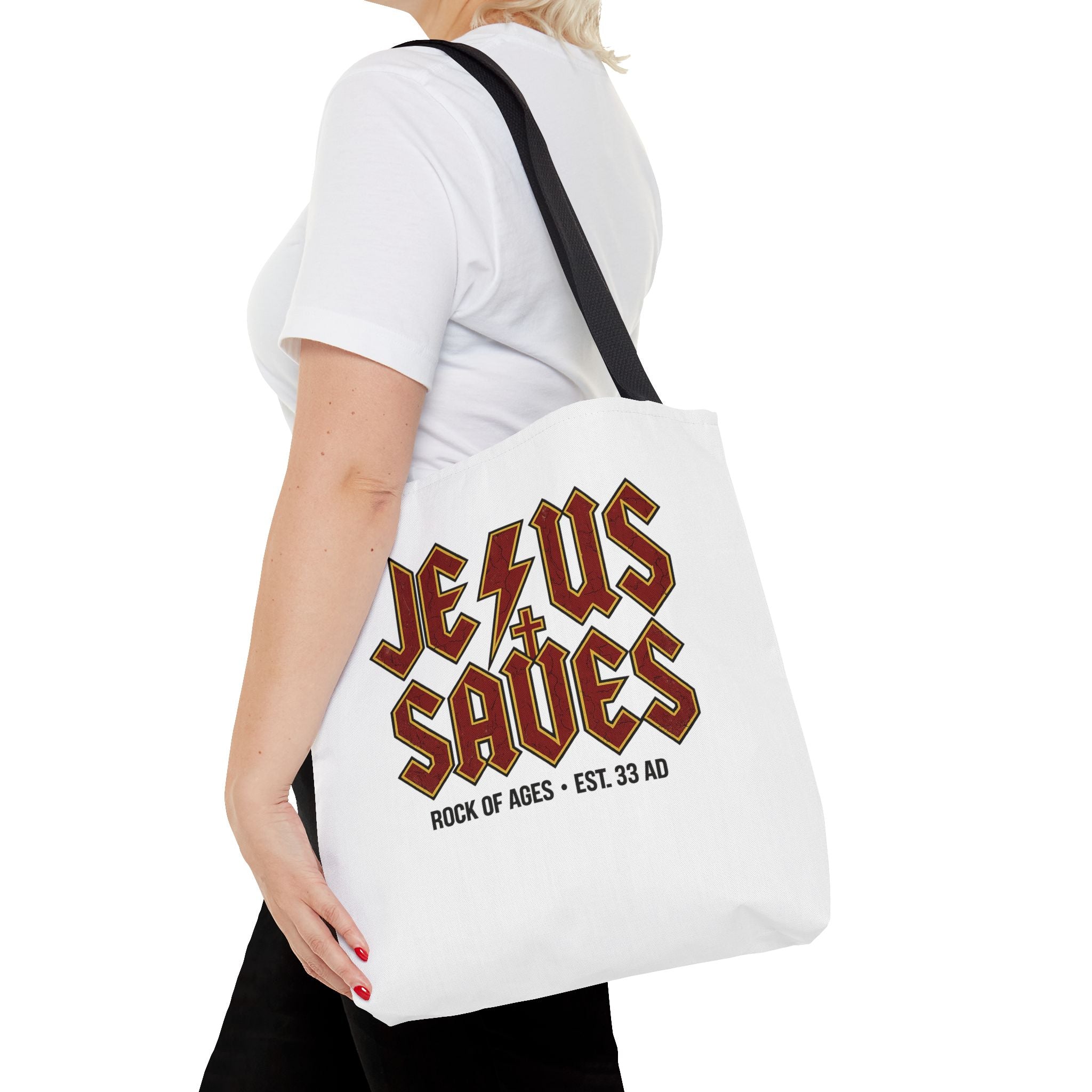 Jesus Saves Tote Bag — Rock of Ages Vintage Christian Tote