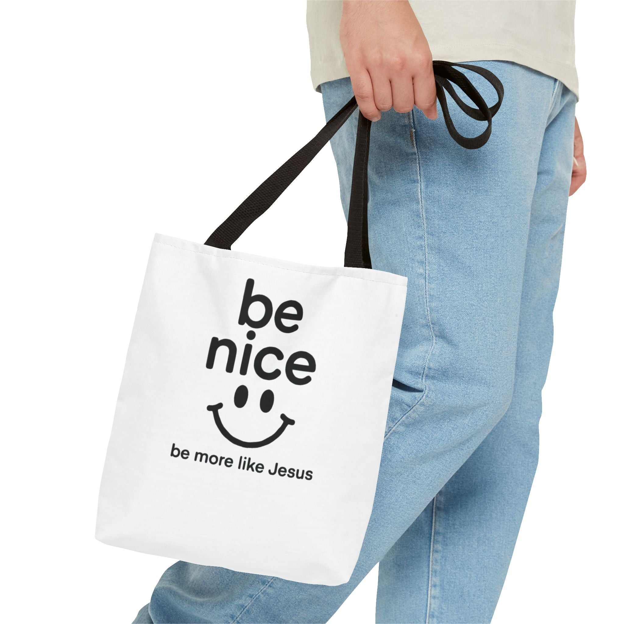 Be Nice Smiley Tote Bag — "be more like Jesus" Inspirational Canvas Tote