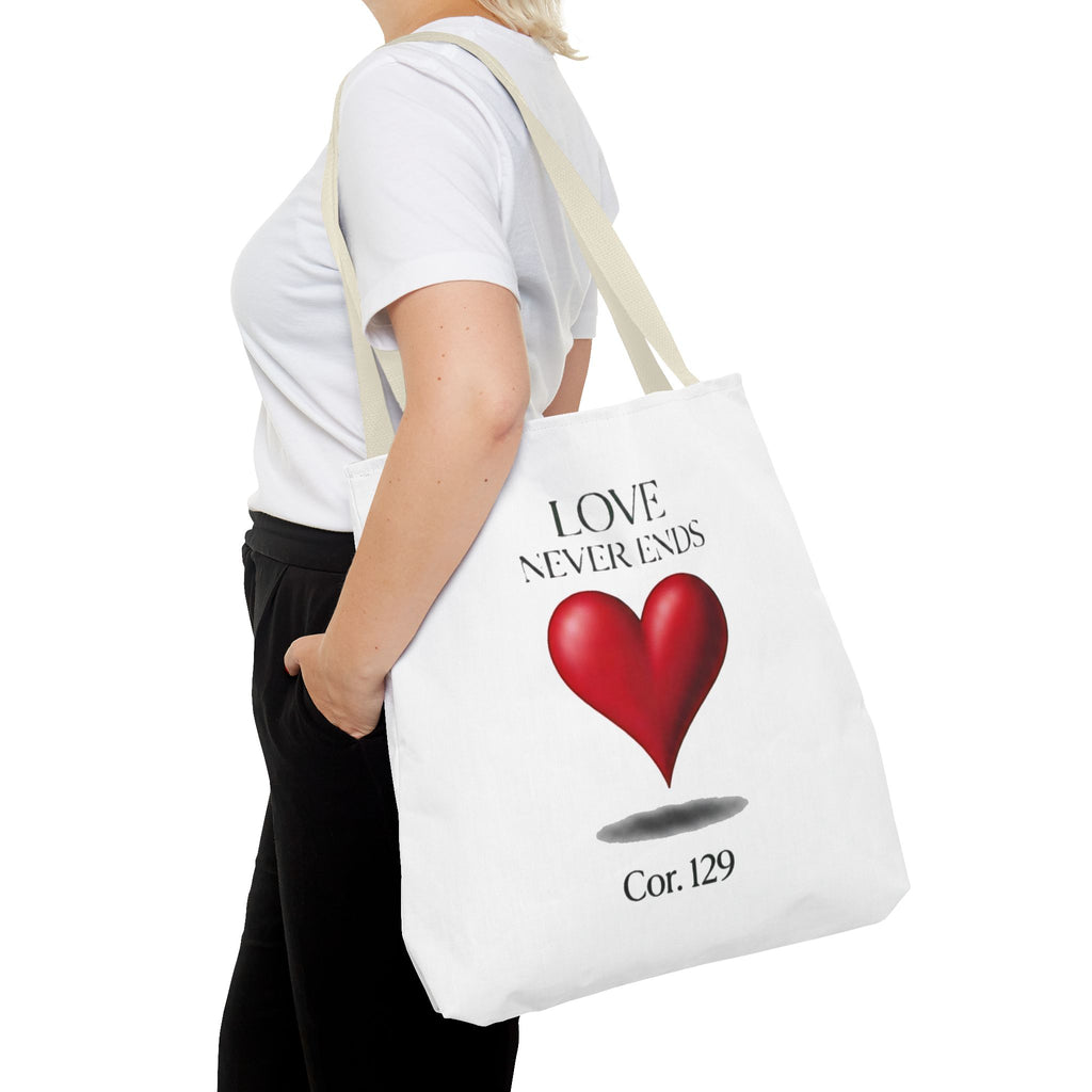 Tote Bag — “Love Never Ends” Heart Tote (Cor. 1:29)