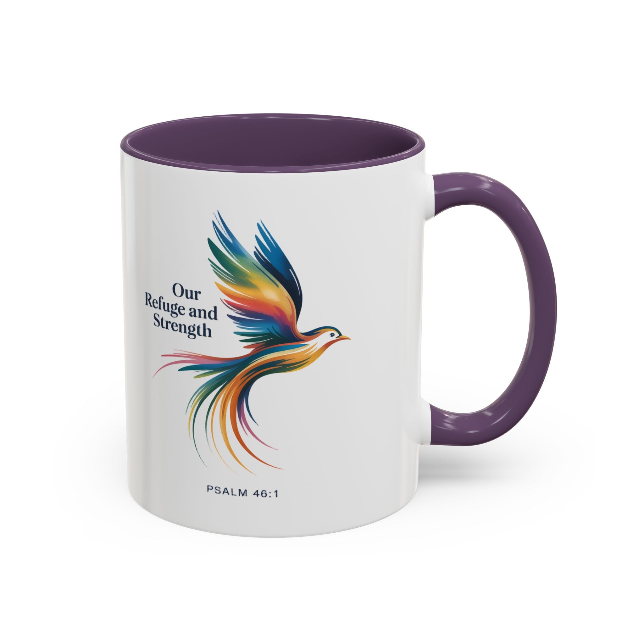 Our Refuge and Strength Accent Coffee Mug — Colorful Bird Psalm Design (11/15 oz)