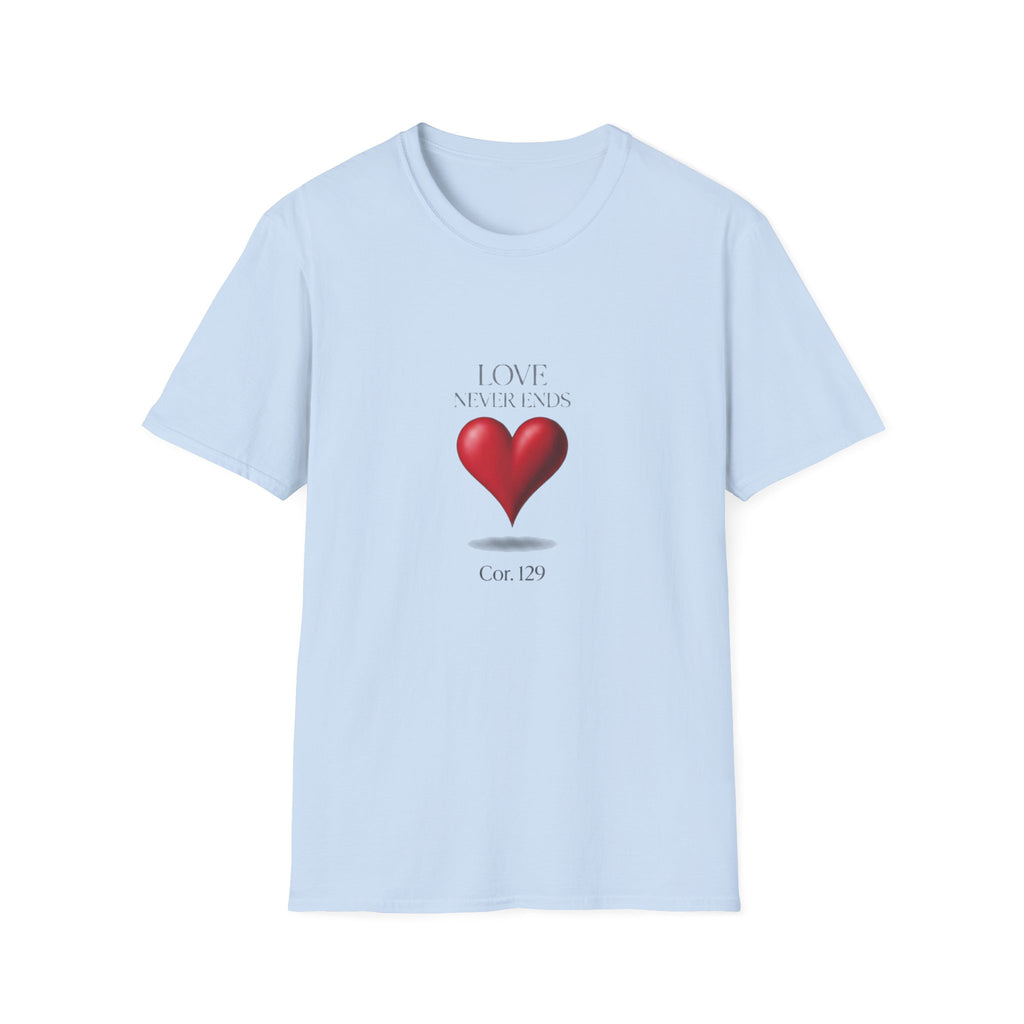 T-Shirt "Love Never Ends" -  Red Heart Graphic Bible Quote Tee