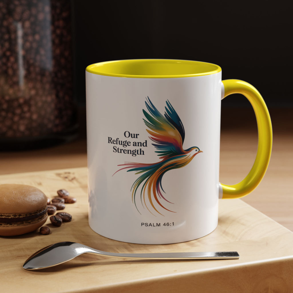 Our Refuge and Strength Accent Coffee Mug — Colorful Bird Psalm Design (11/15 oz)