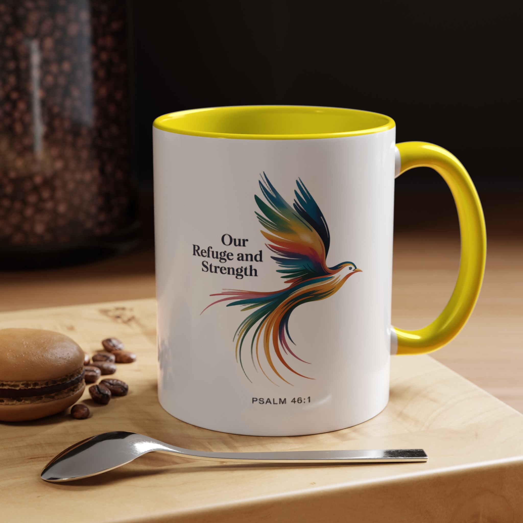 Our Refuge and Strength Accent Coffee Mug — Colorful Bird Psalm Design (11/15 oz)