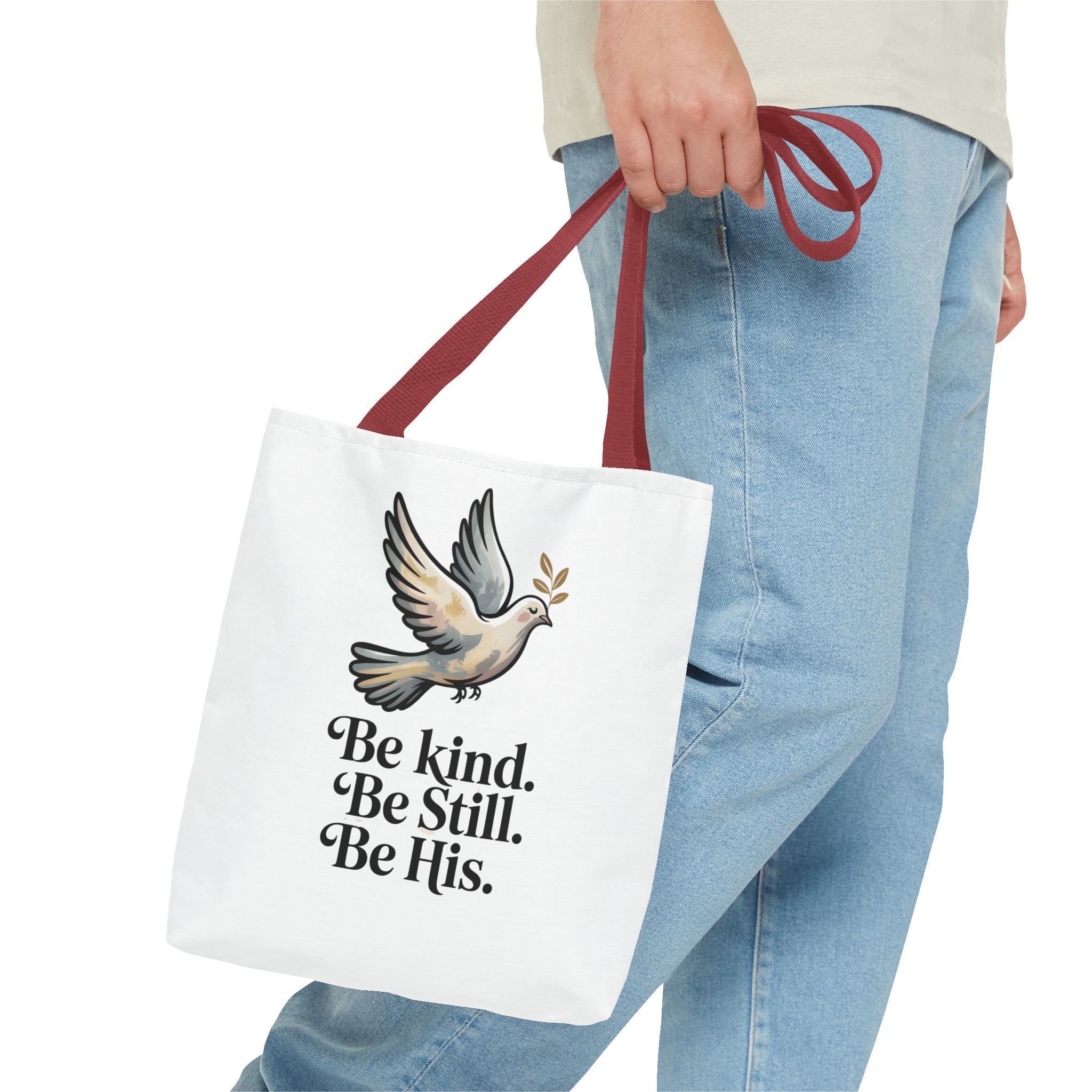 Inspirational Dove Tote Bag — "Be kind. Be still. Be His." Faith Prayer Canvas Tote