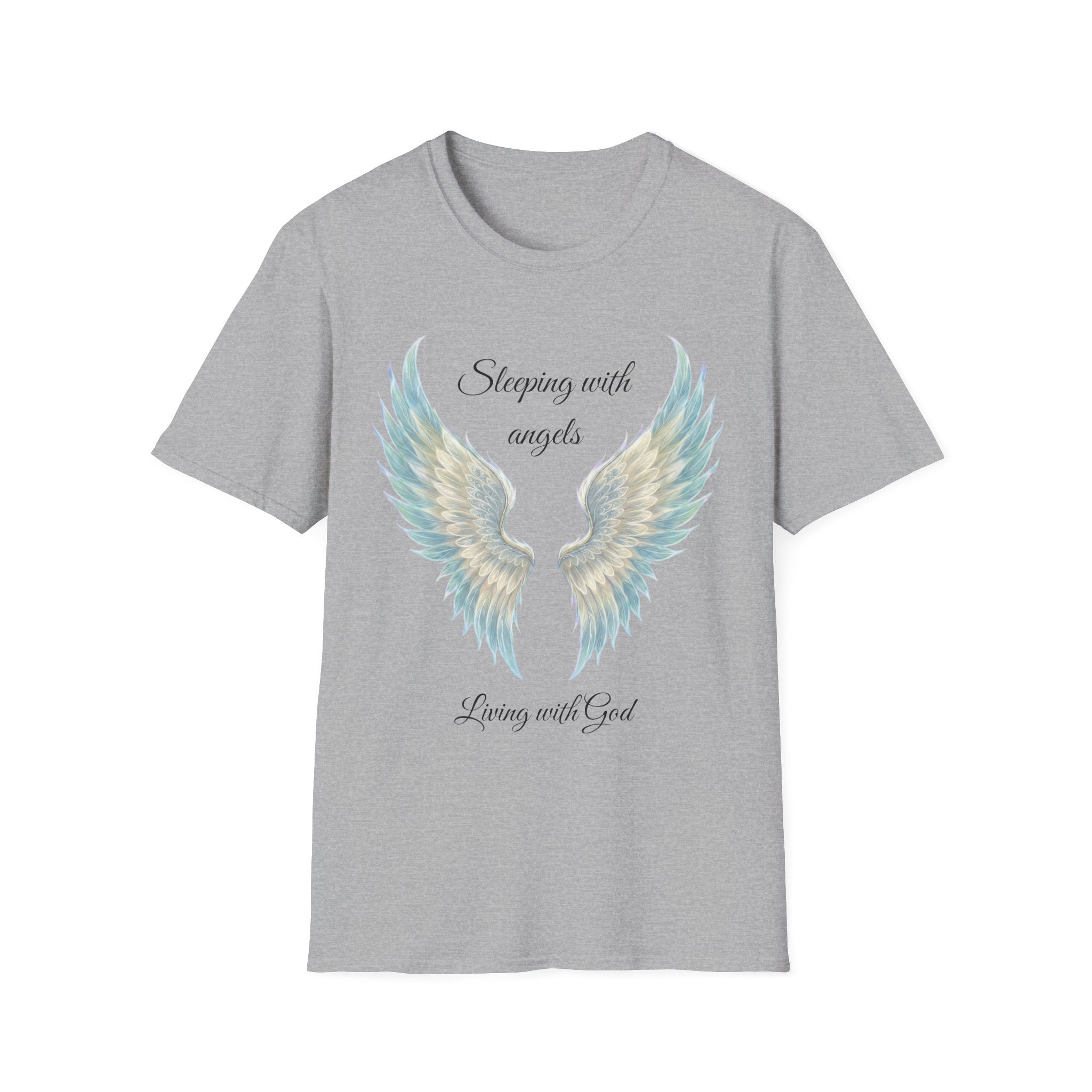 Blue Angel Wings T-Shirt — “Sleeping with angels, living with God.” Christian Faith Tee