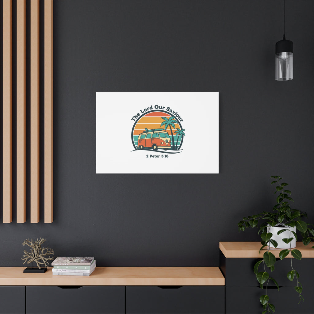 The Lord our Saviour, Retro Surf Sunset Canvas | 70s Van Palm Postcard, Analog Sunshine Aesthetic