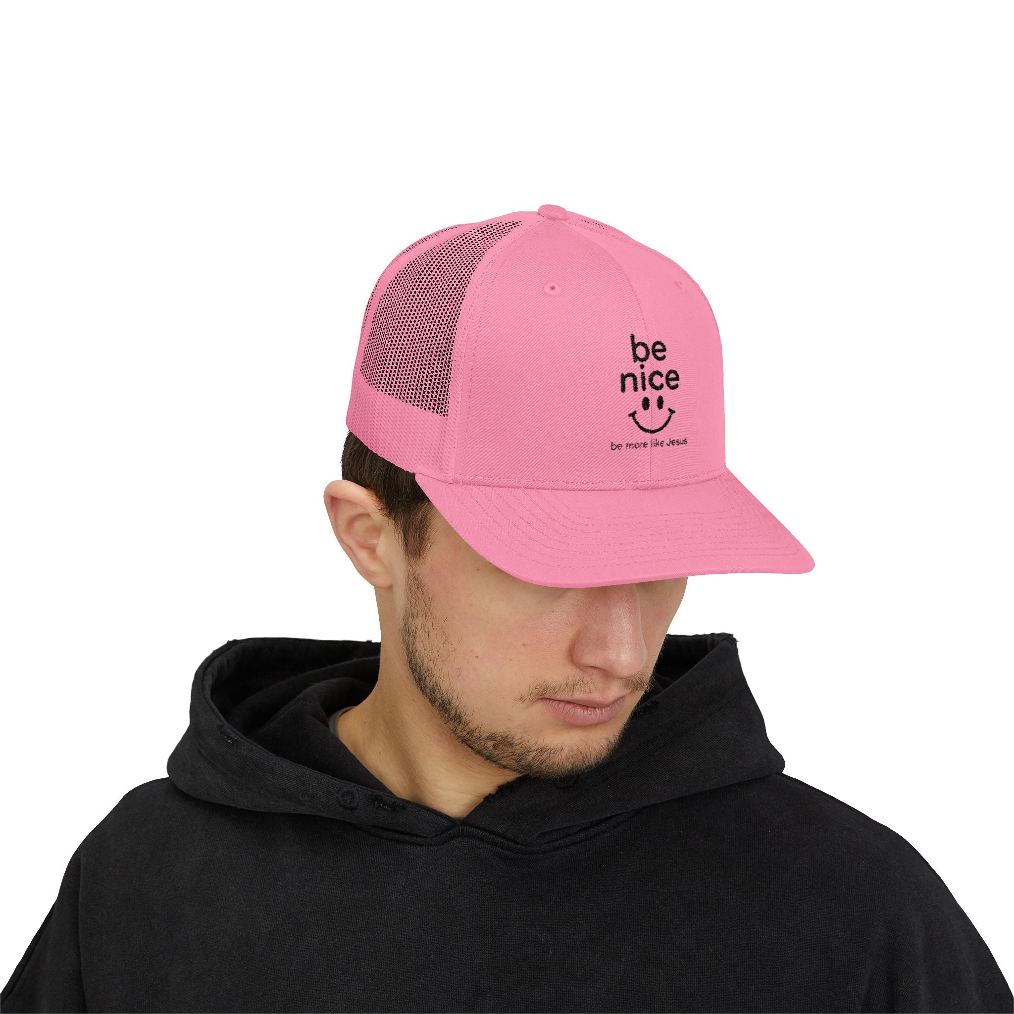 Be Nice Smiley Snapback Trucker Cap — Positive Message Mesh Hat