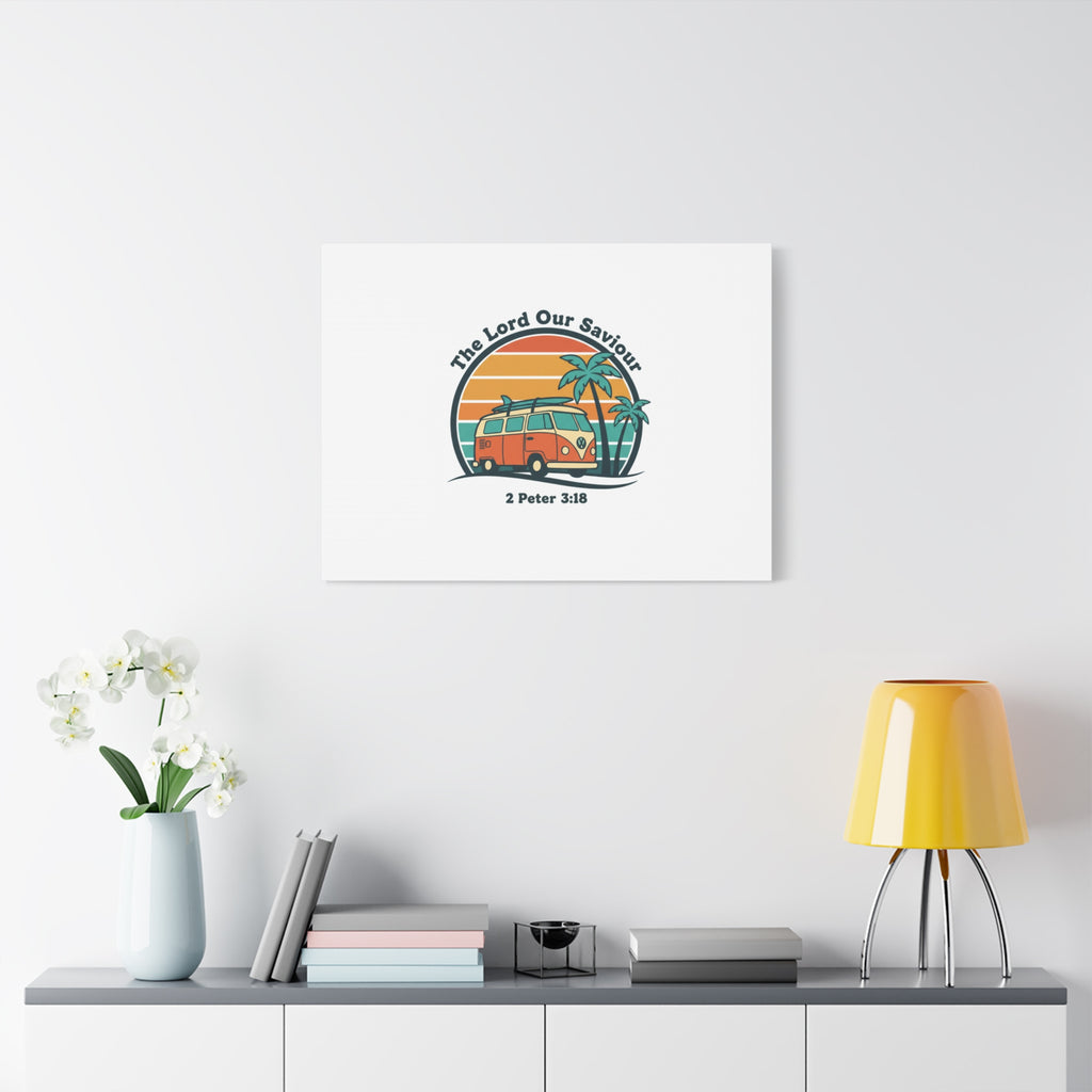 The Lord our Saviour, Retro Surf Sunset Canvas | 70s Van Palm Postcard, Analog Sunshine Aesthetic