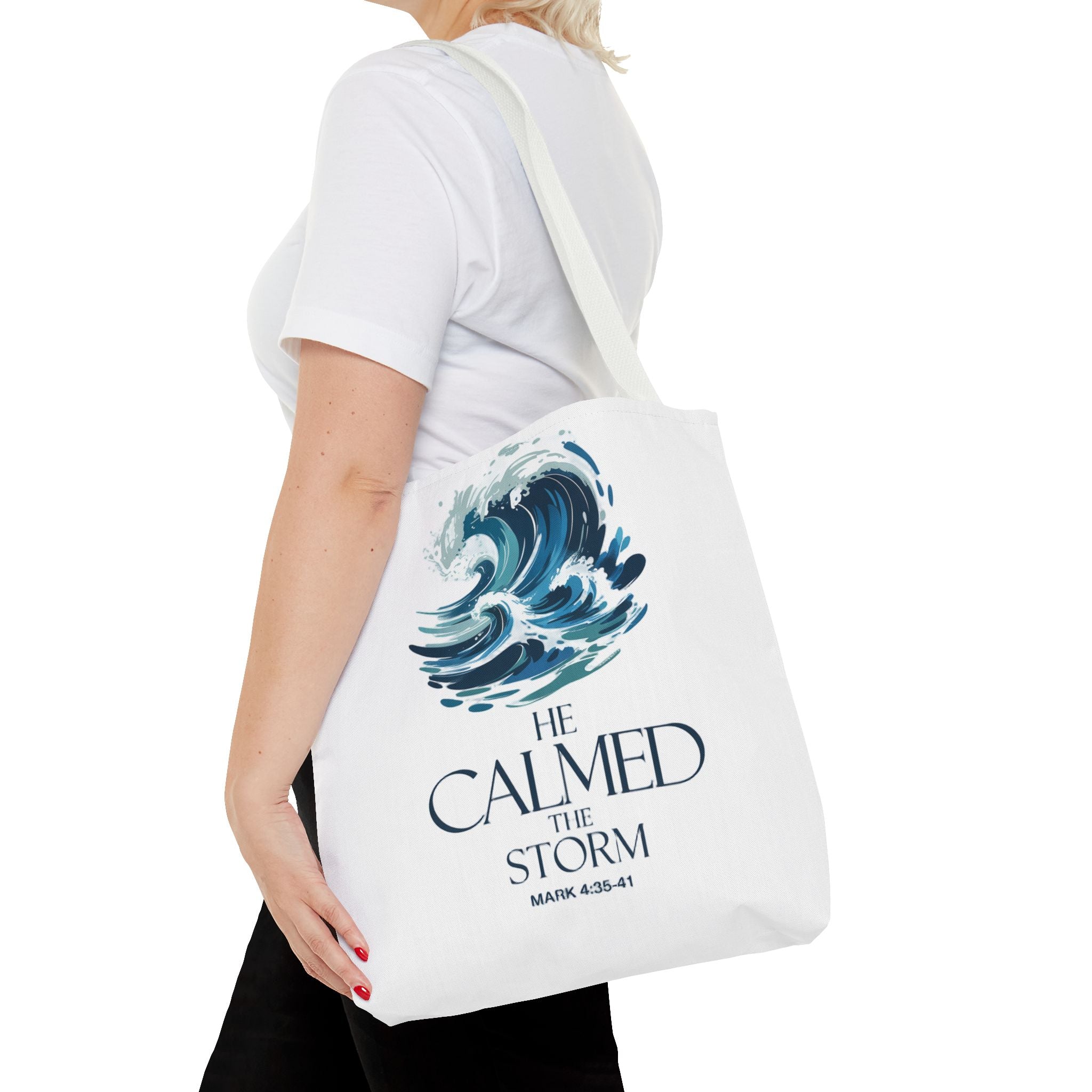 Calmed the Storm Tote Bag — Inspirational Bible Verse Mark 4:39-41 Canvas Tote