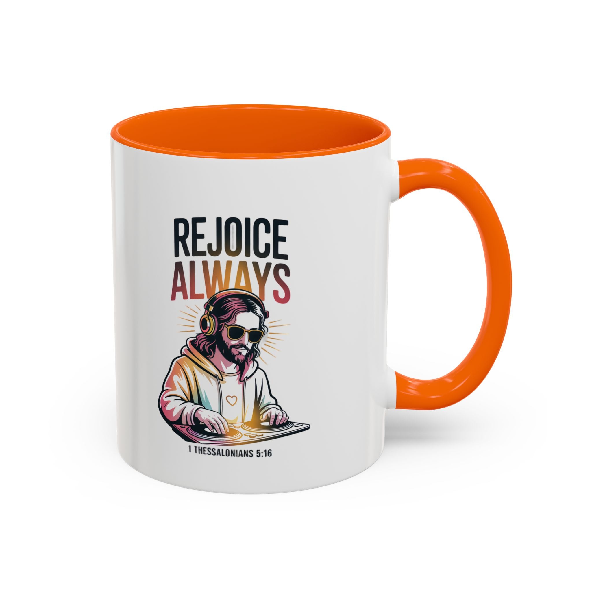 Rejoice Always DJ Coffee Mug — Accent Ceramic Bible Verse Mug (11/15 oz)