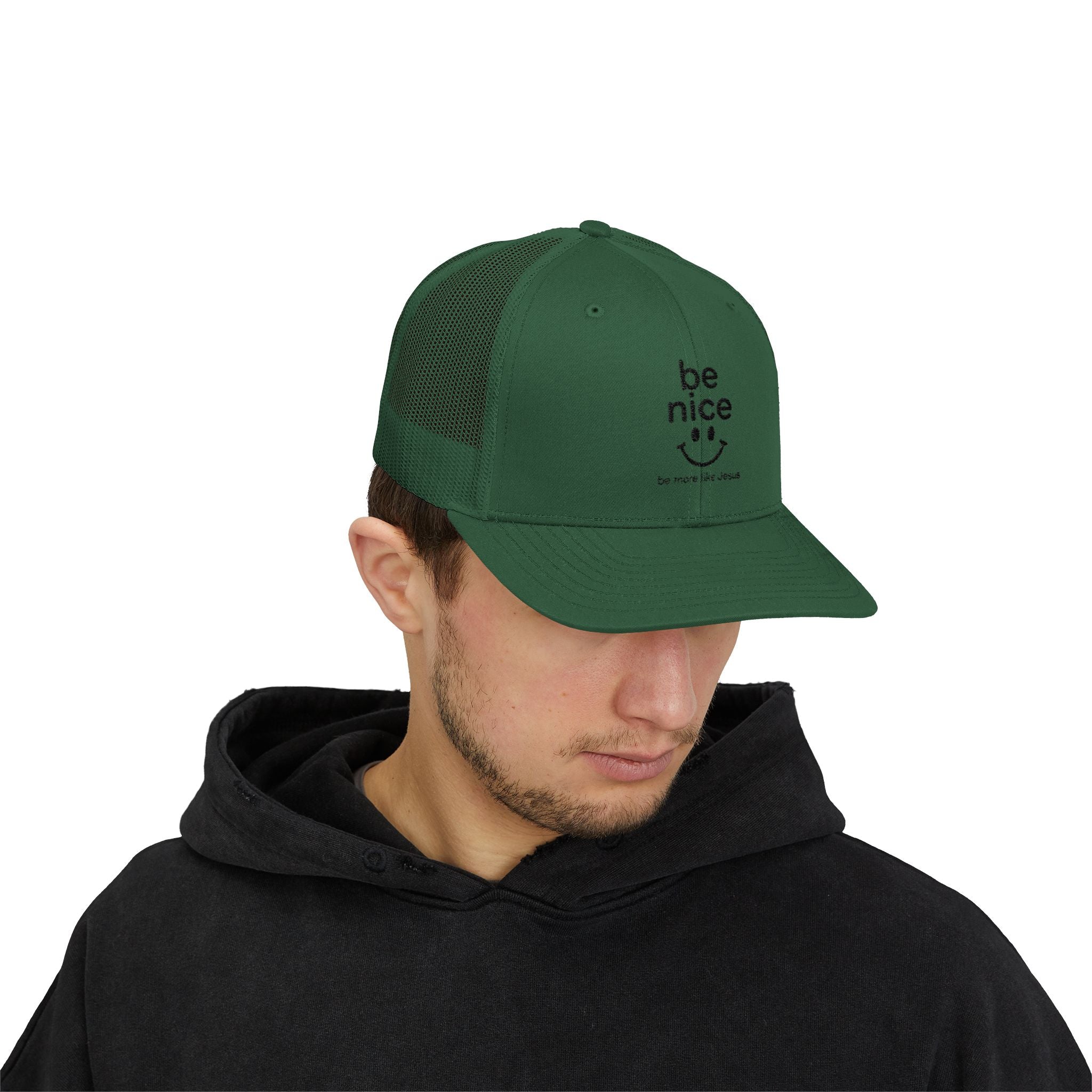 Be Nice Smiley Snapback Trucker Cap — Positive Message Mesh Hat