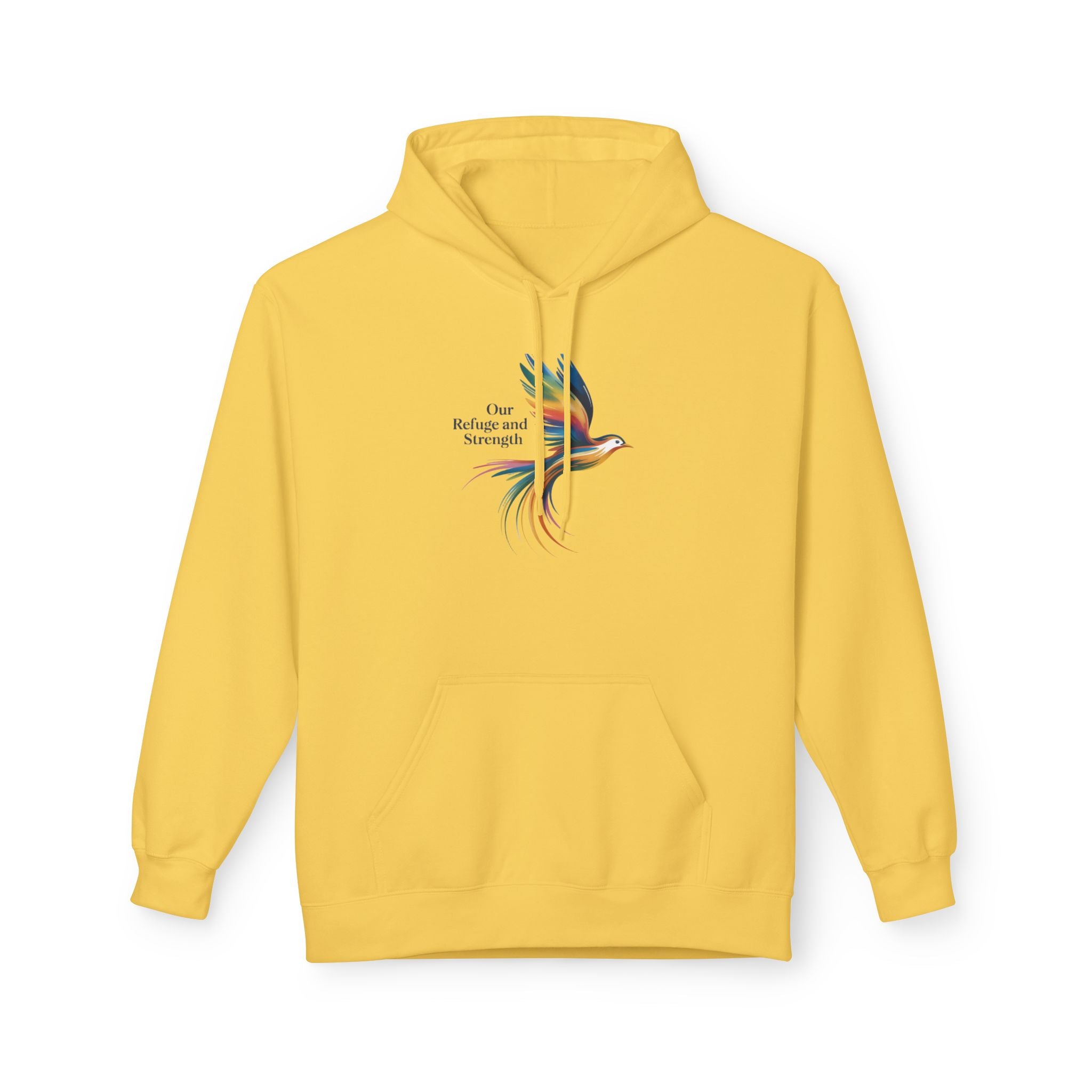 Freedom Sparrow Hoodie — Colorful Bird “One Refuge One Strength” Chest Print