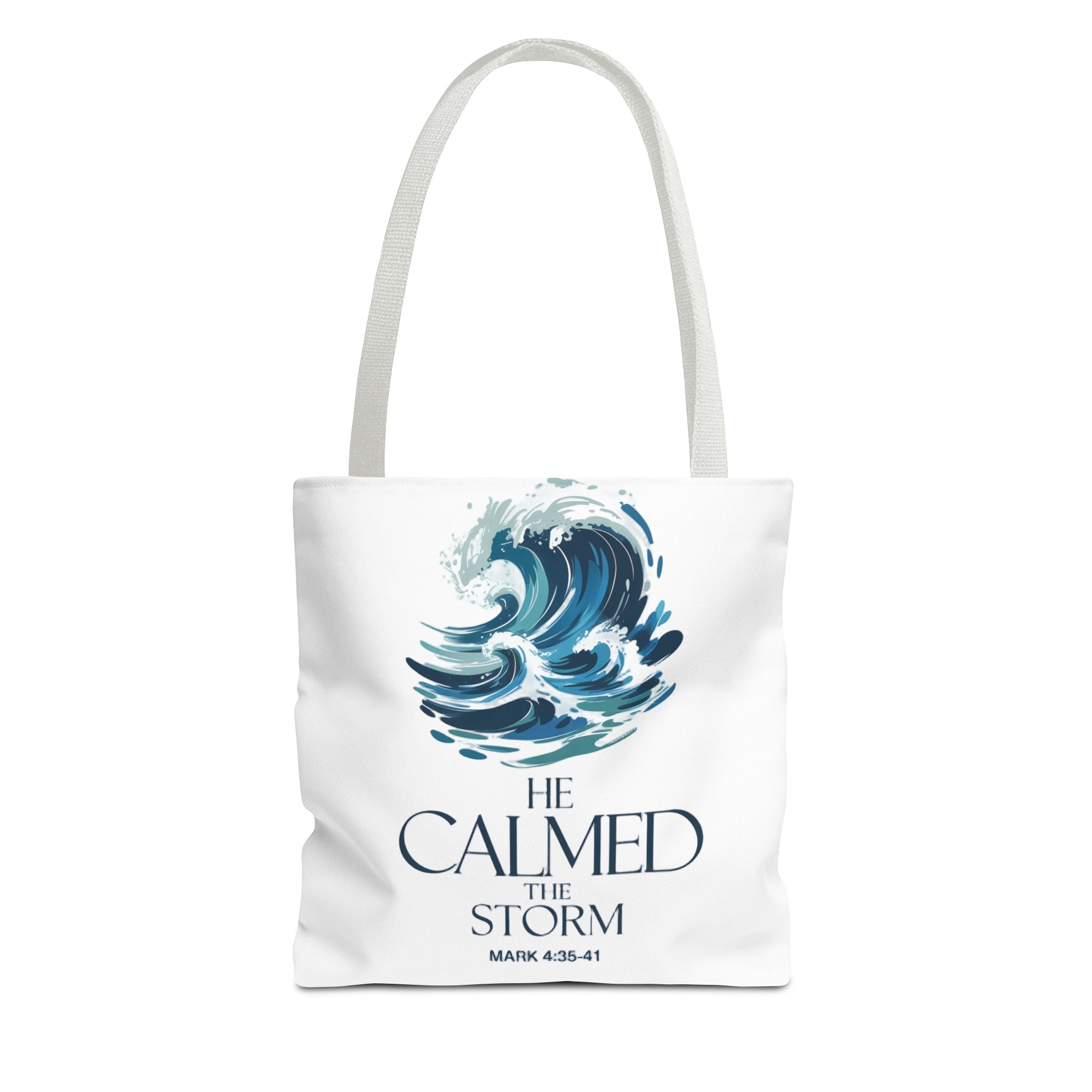 Calmed the Storm Tote Bag — Inspirational Bible Verse Mark 4:39-41 Canvas Tote