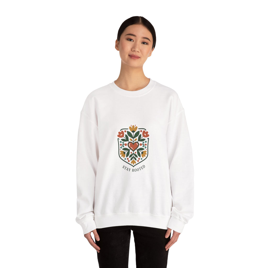 Stay Rooted Folk Botanical Sweatshirt | hand-drawn folk art print, embroidery style