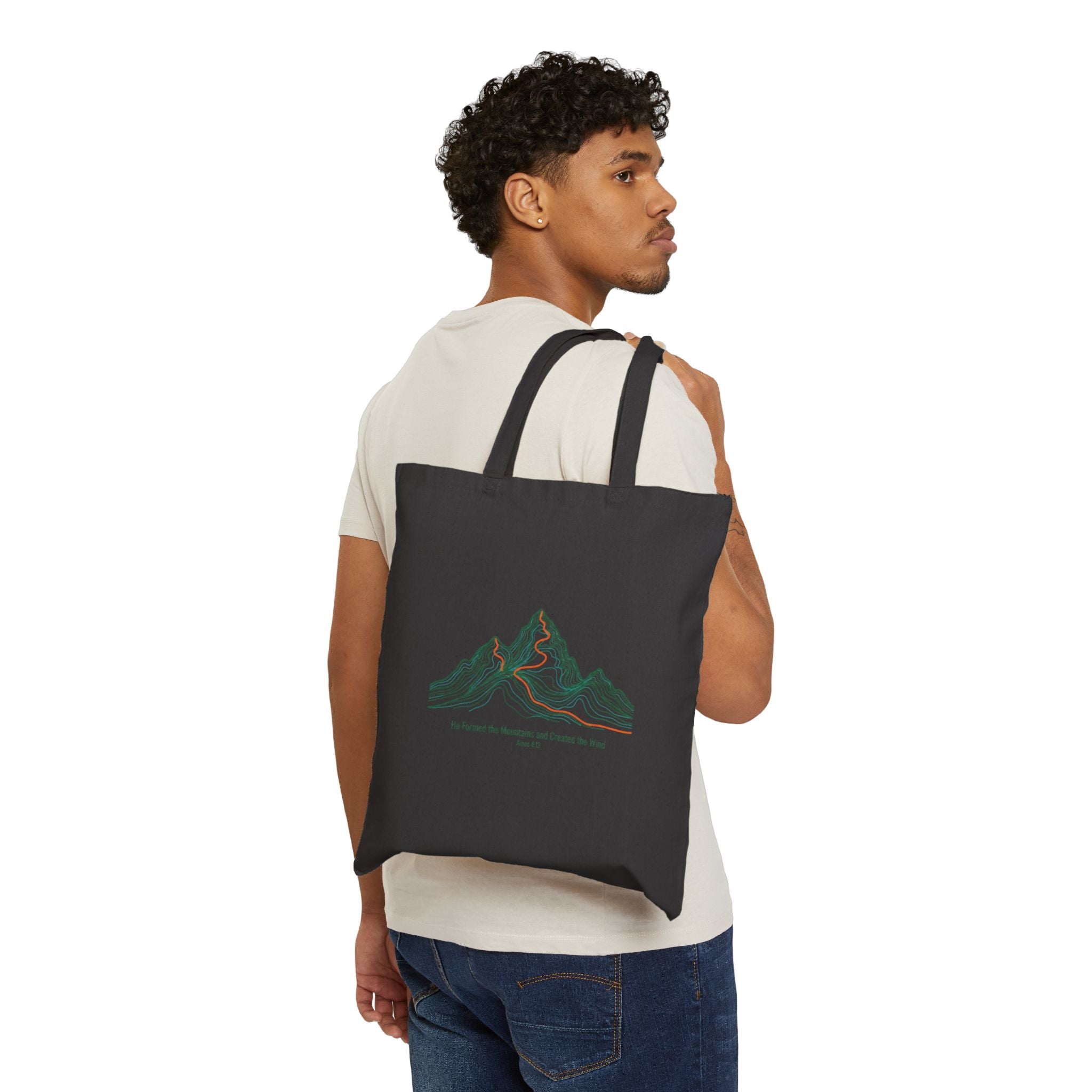 Topographic He Formed the Mountains Tote | topo map print, terrain style