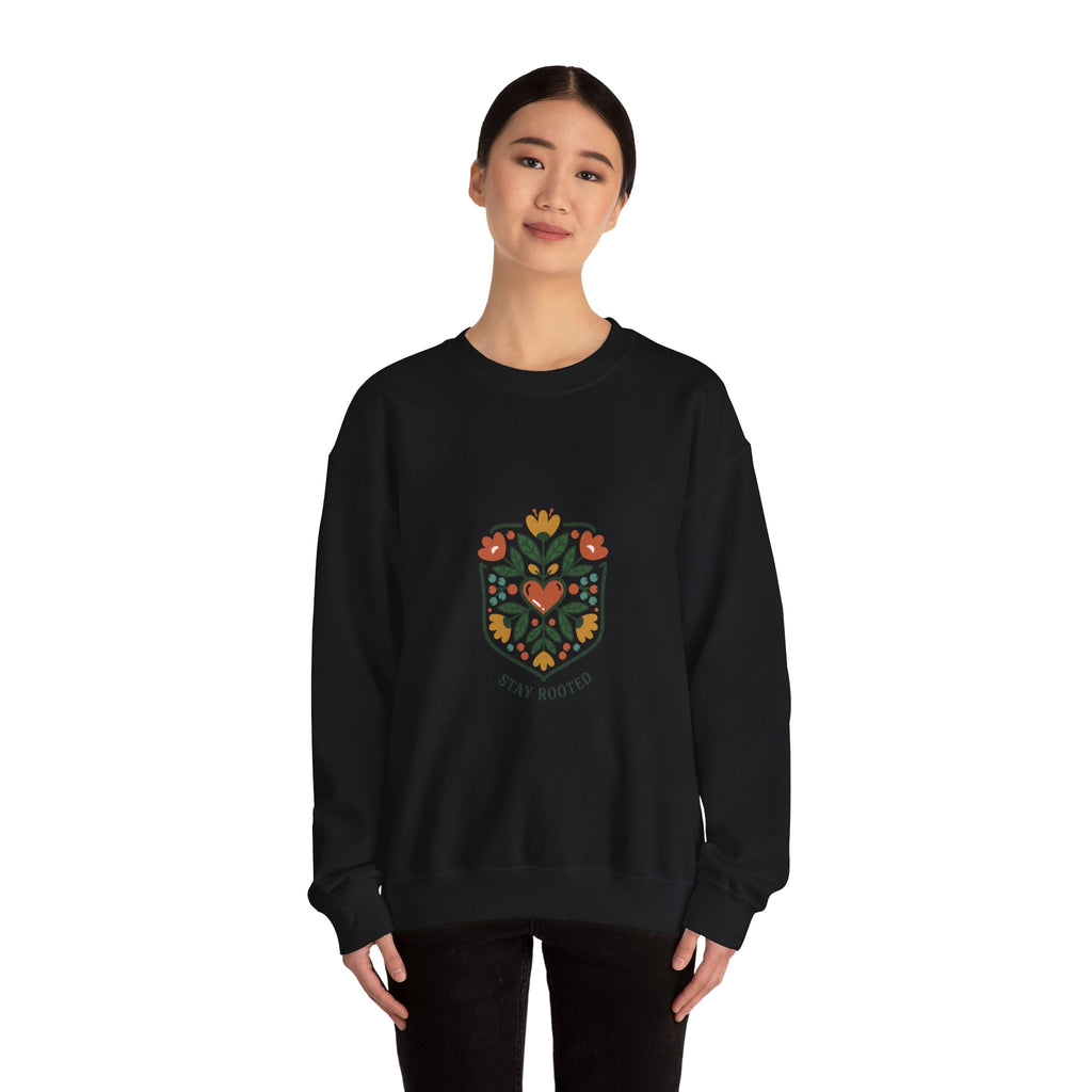 Stay Rooted Folk Botanical Sweatshirt | hand-drawn folk art print, embroidery style