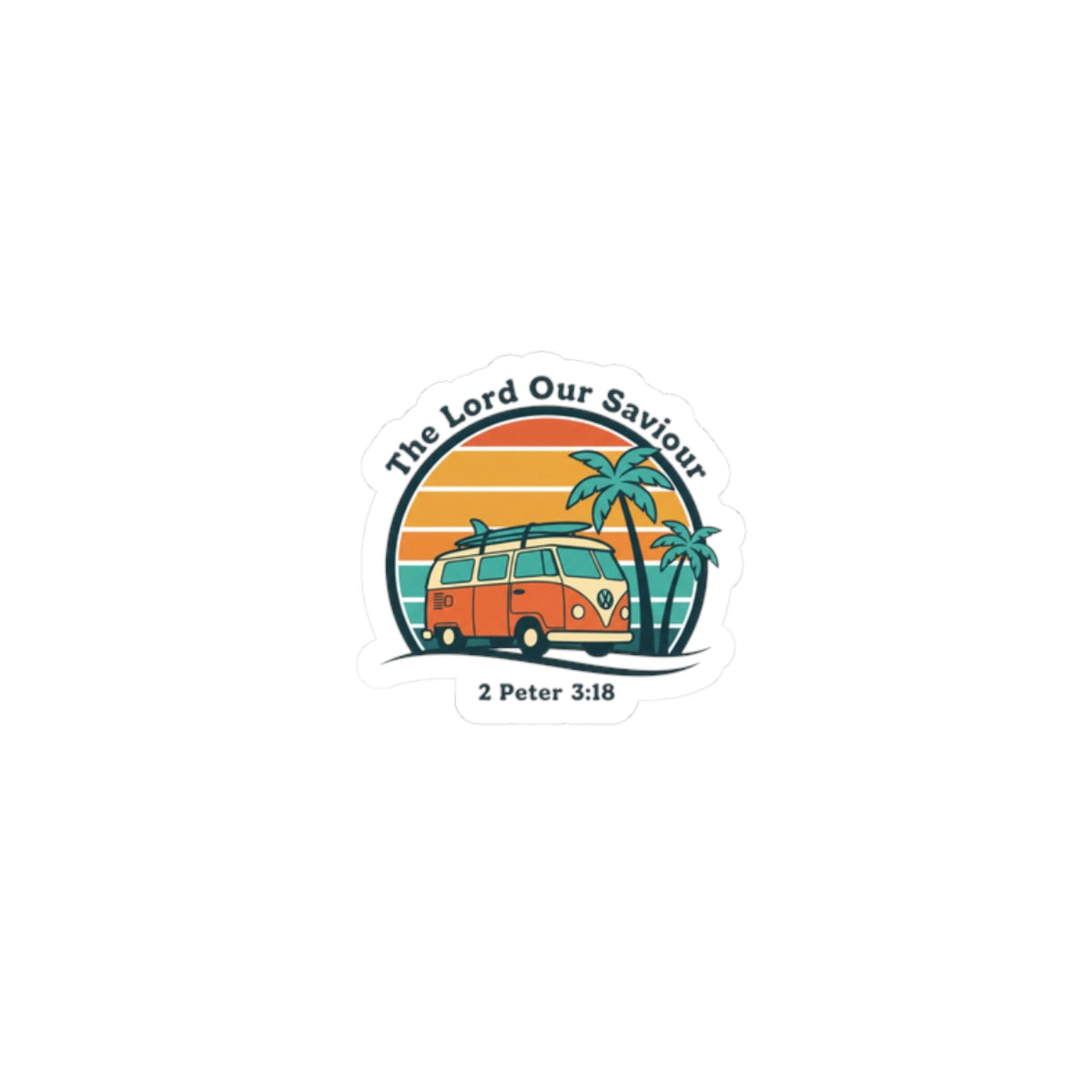 The Lord our Saviour, Vintage VW Camper Sunset Sticker | 70s Retro Palm, Golden Hour Decal