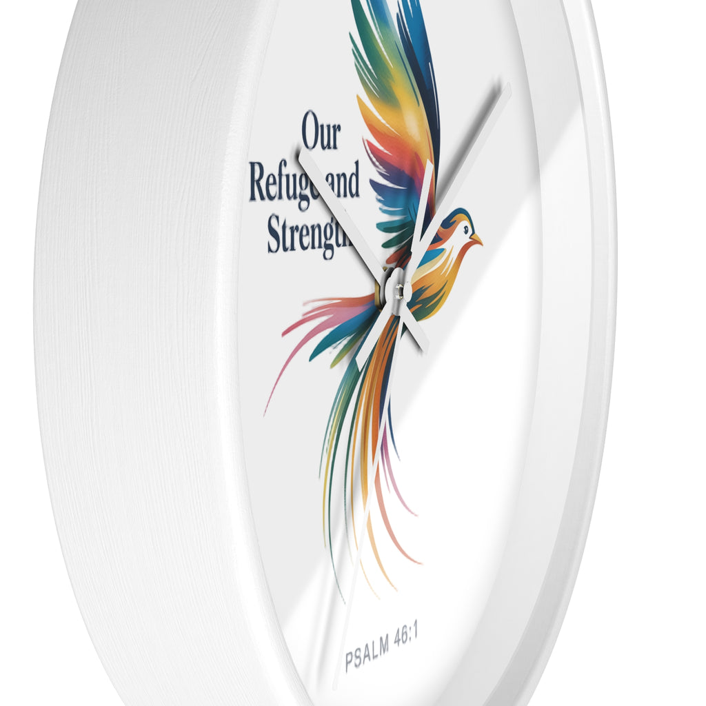Wall Clock — 'Our Refuge and Strength' Colorful Dove Psalm 46:1 Christian Wall Clock
