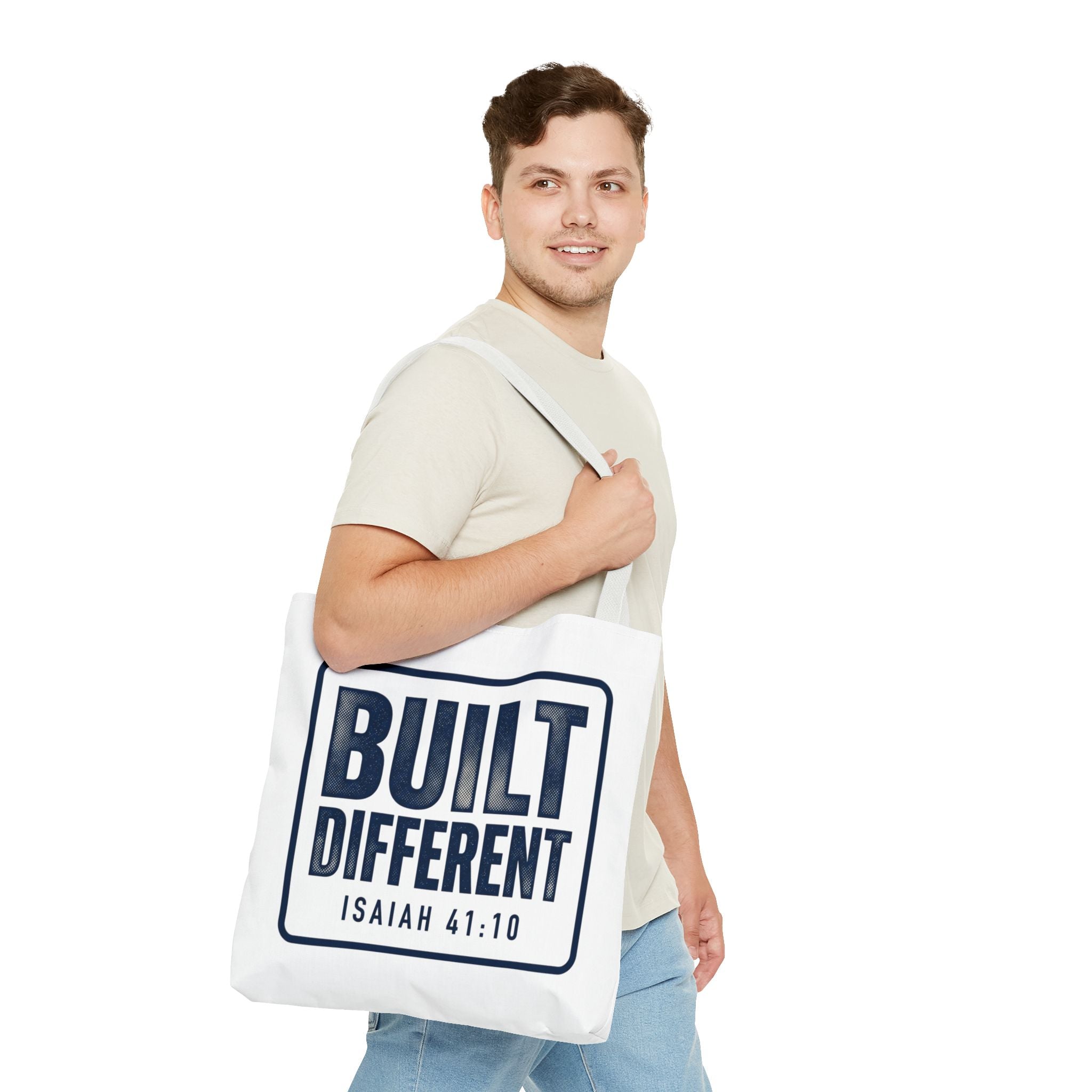 Built Different Tote Bag — Isaiah 41:10 Inspirational Canvas Tote