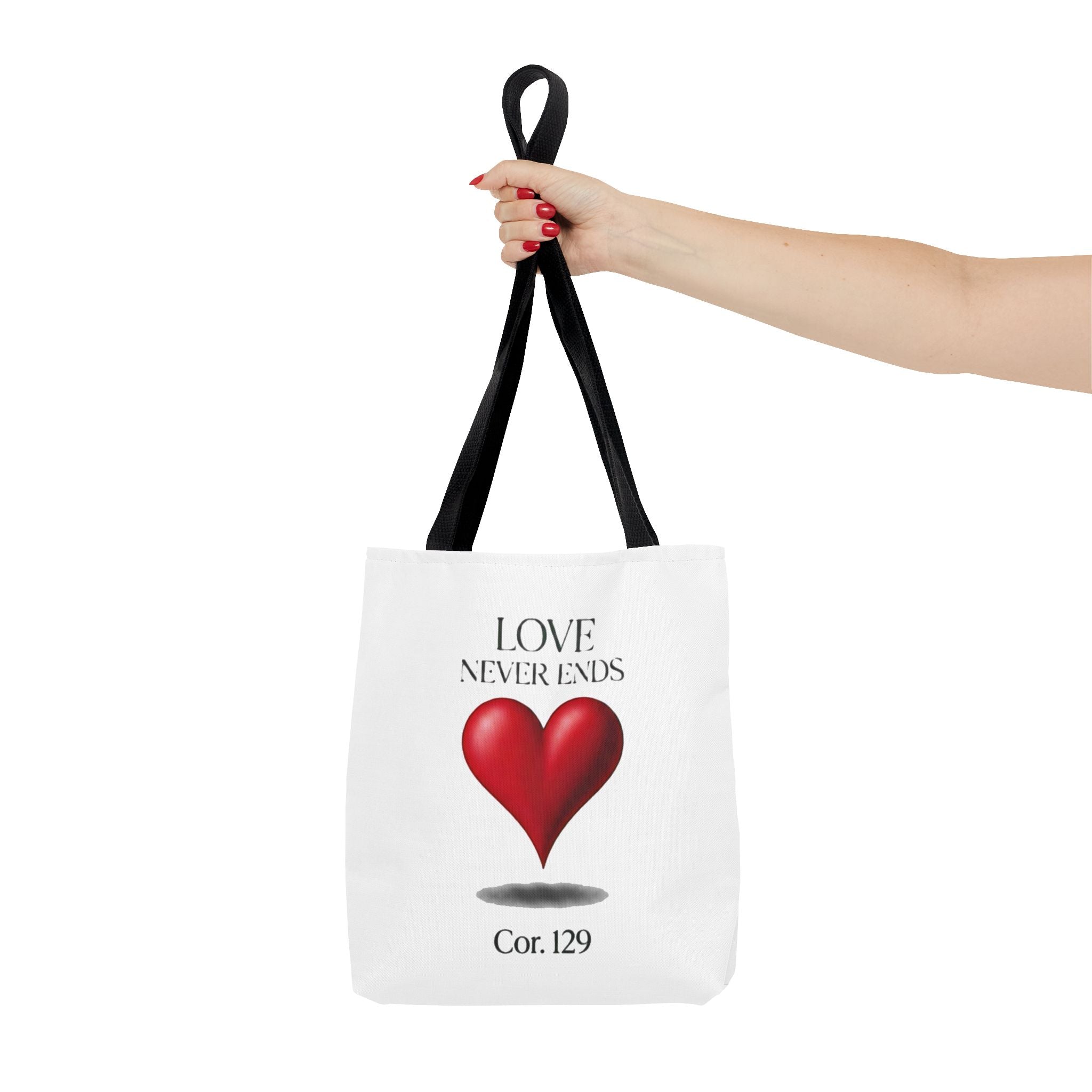 Tote Bag — “Love Never Ends” Heart Tote (Cor. 1:29)