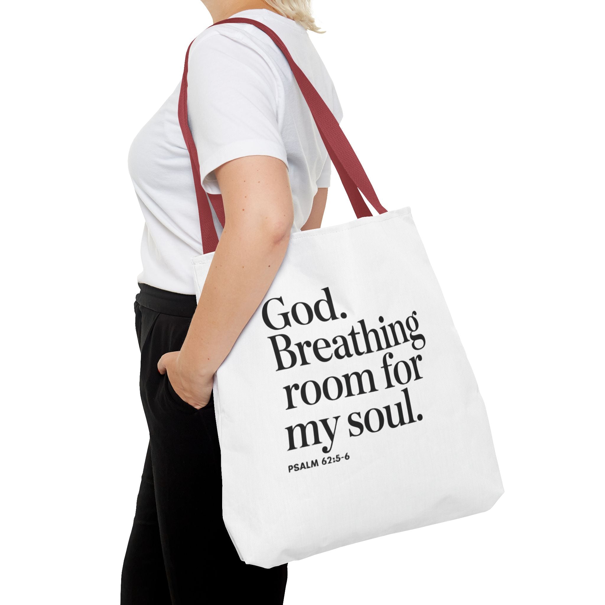 Christian Quote Tote Bag — "God. Breathing room for my soul." Psalm 62:6 Inspirational Canvas Tote