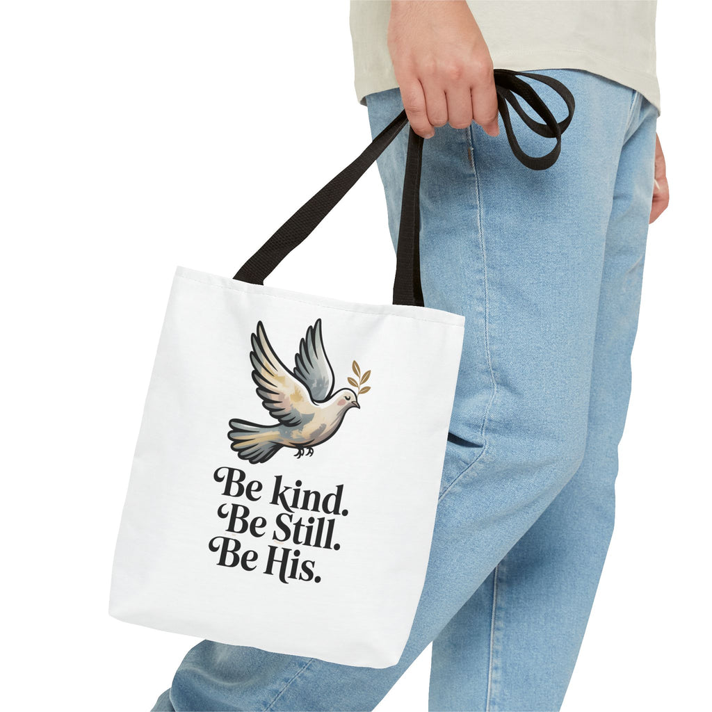 Inspirational Dove Tote Bag — "Be kind. Be still. Be His." Faith Prayer Canvas Tote