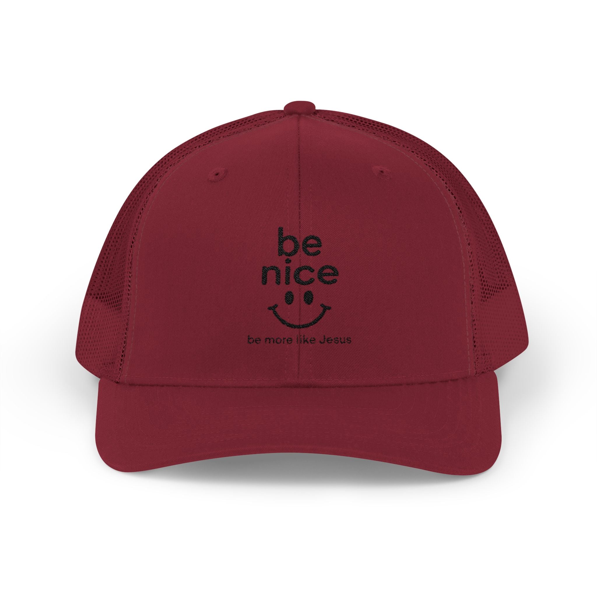 Be Nice Smiley Snapback Trucker Cap — Positive Message Mesh Hat
