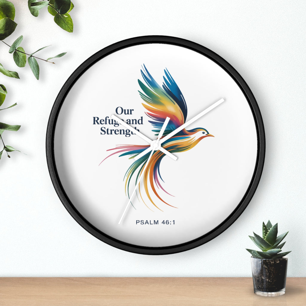 Wall Clock — 'Our Refuge and Strength' Colorful Dove Psalm 46:1 Christian Wall Clock