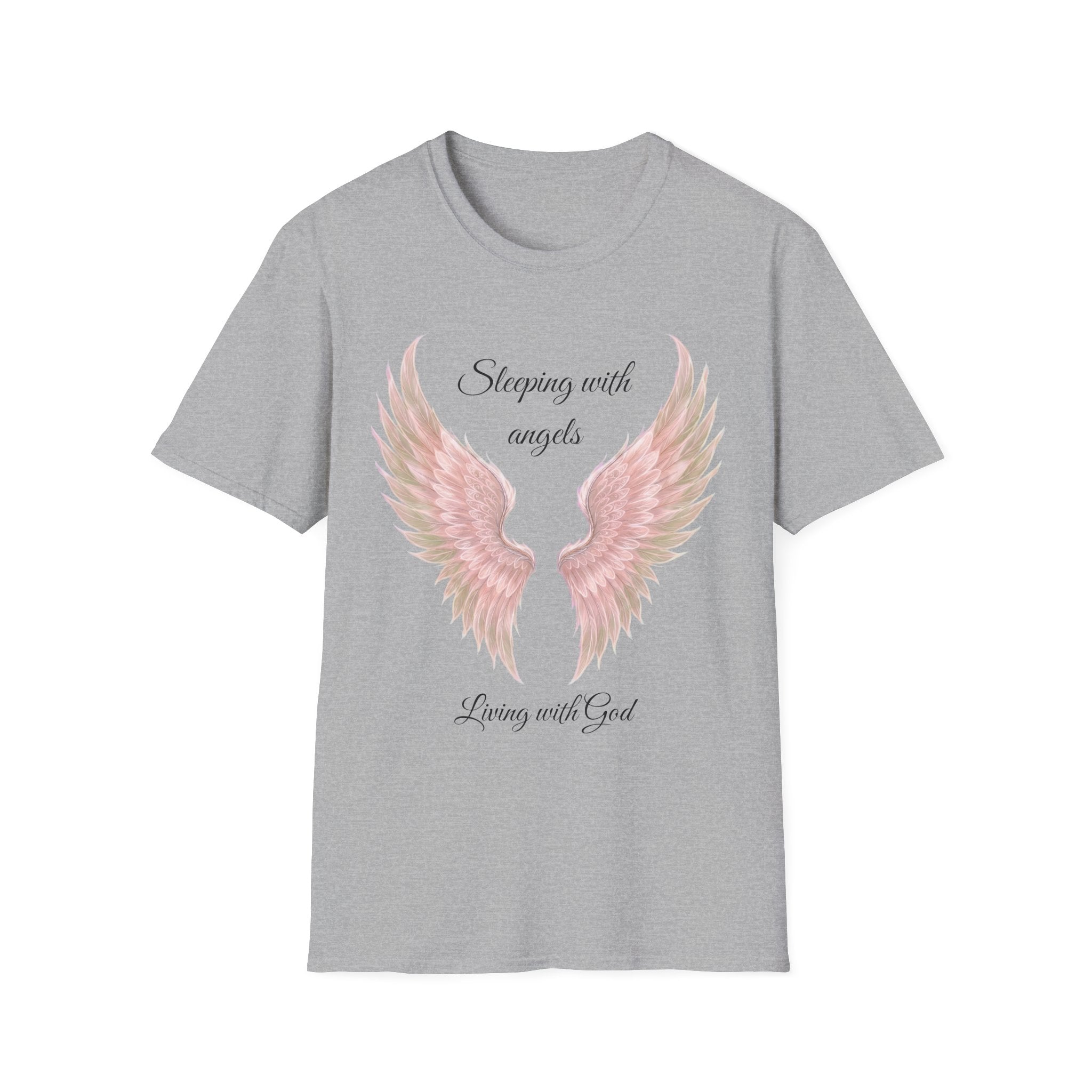 Pink Angel Wings T-Shirt — “Sleeping with angels, living with God.” Christian Faith Tee