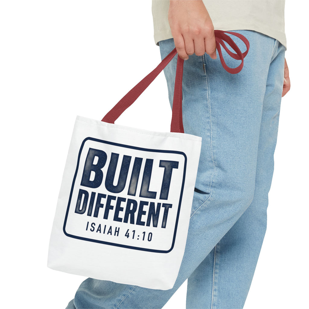 Built Different Tote Bag — Isaiah 41:10 Inspirational Canvas Tote