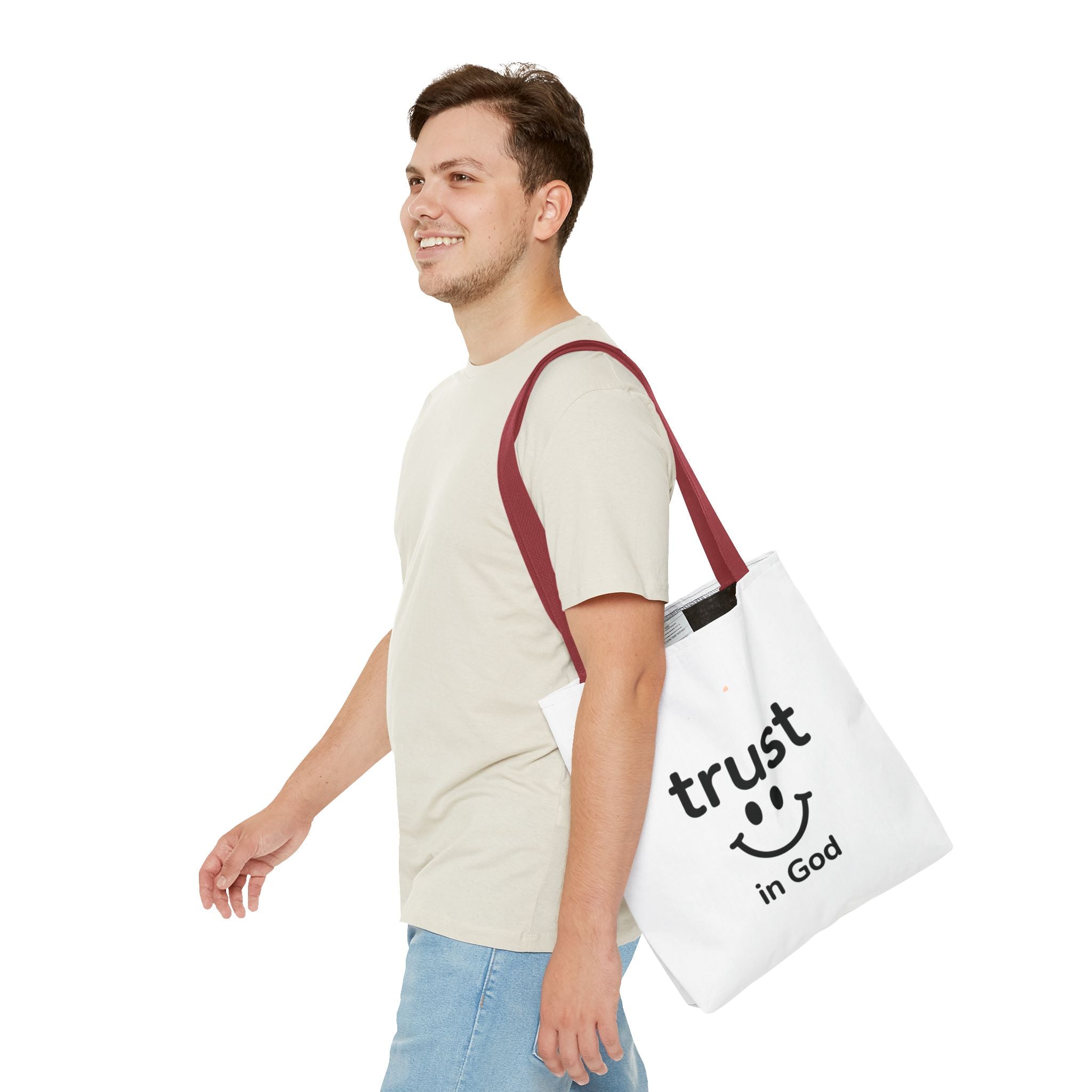 Faith Smile Tote Bag — "Trust in God" Inspirational Canvas Tote