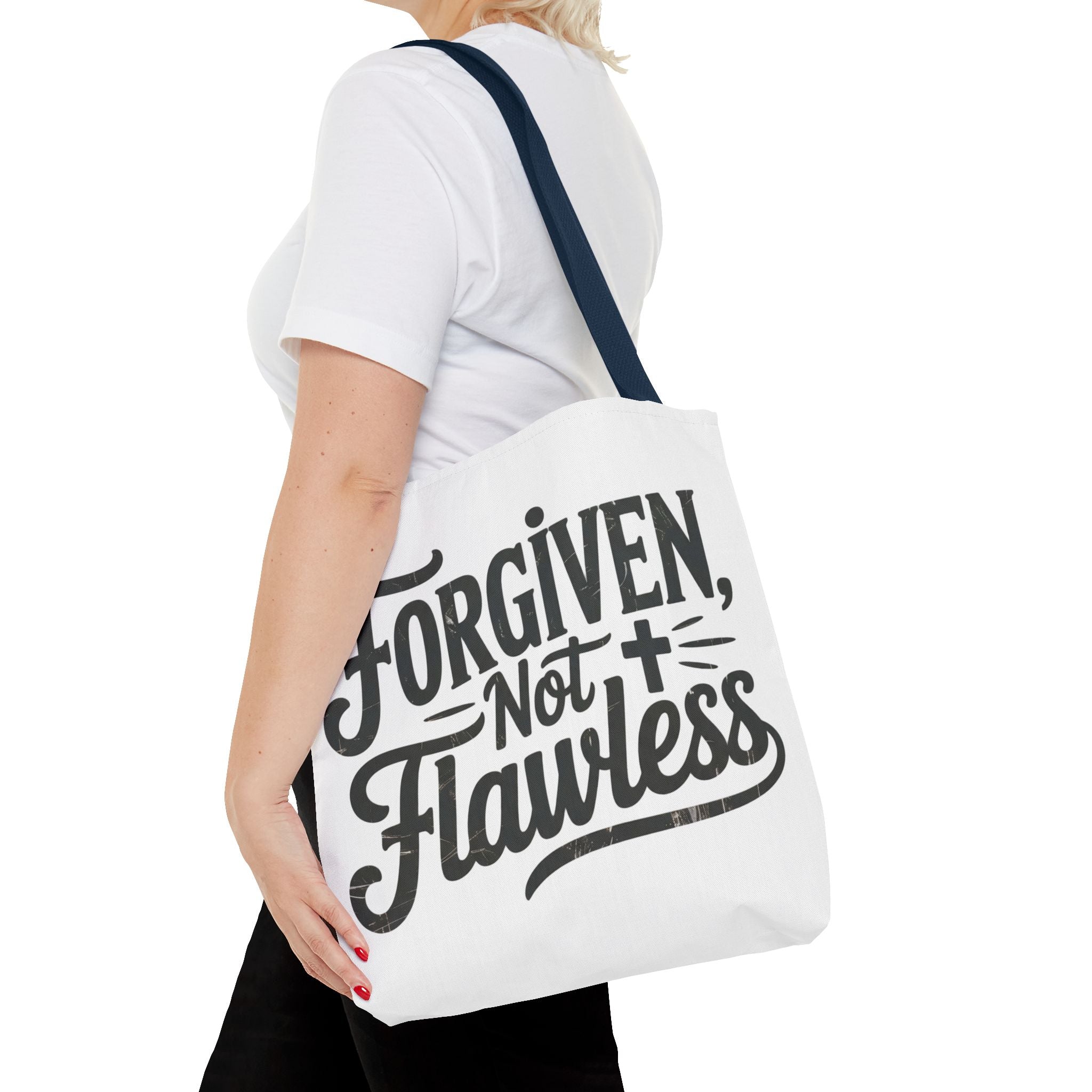 Forgiven Not Flawless Christian Tote Bag — Inspirational Scripture Quote Tote