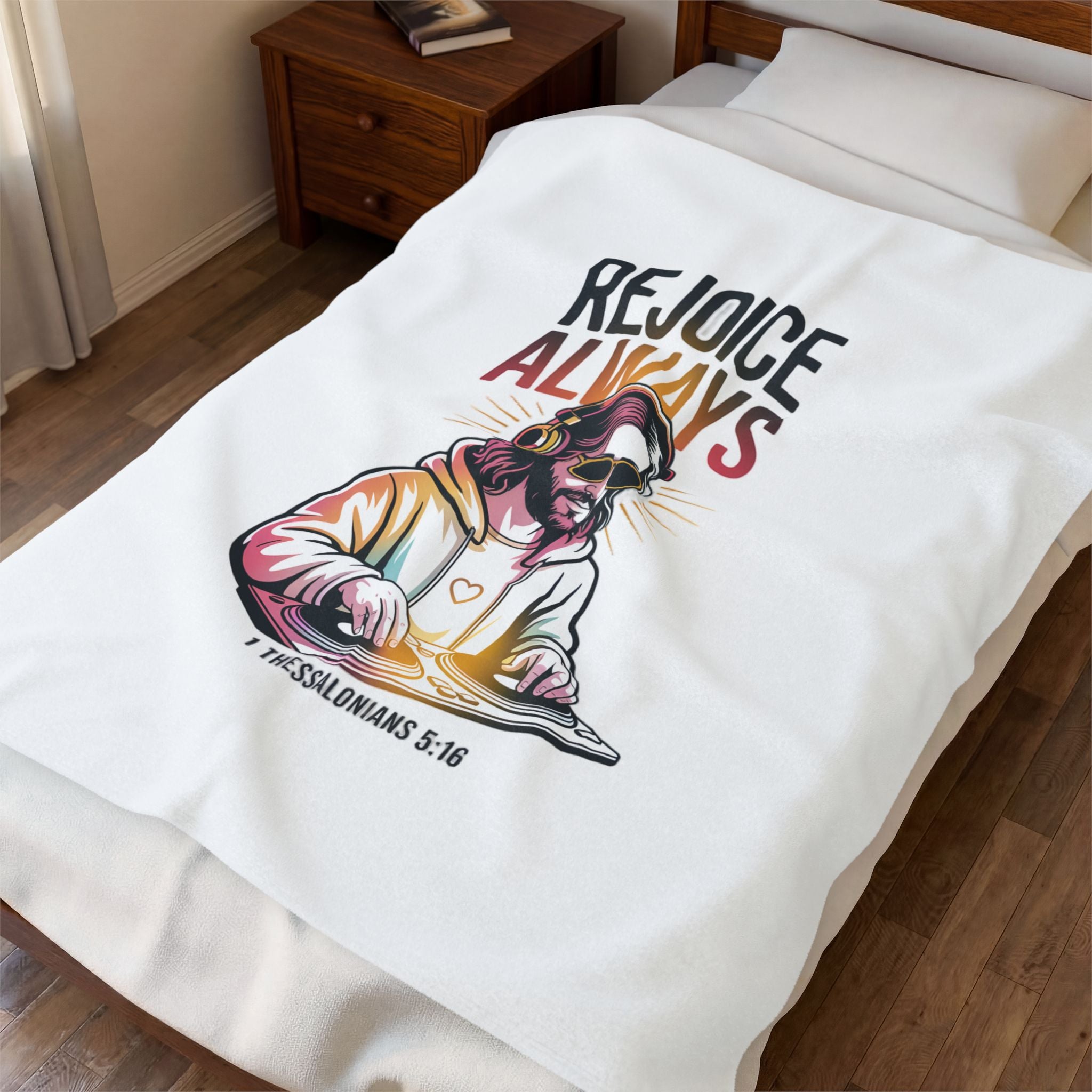 Rejoice Always Velveteen Plush Blanket – Christian DJ Jesus Design (1 Thessalonians 5:16)
