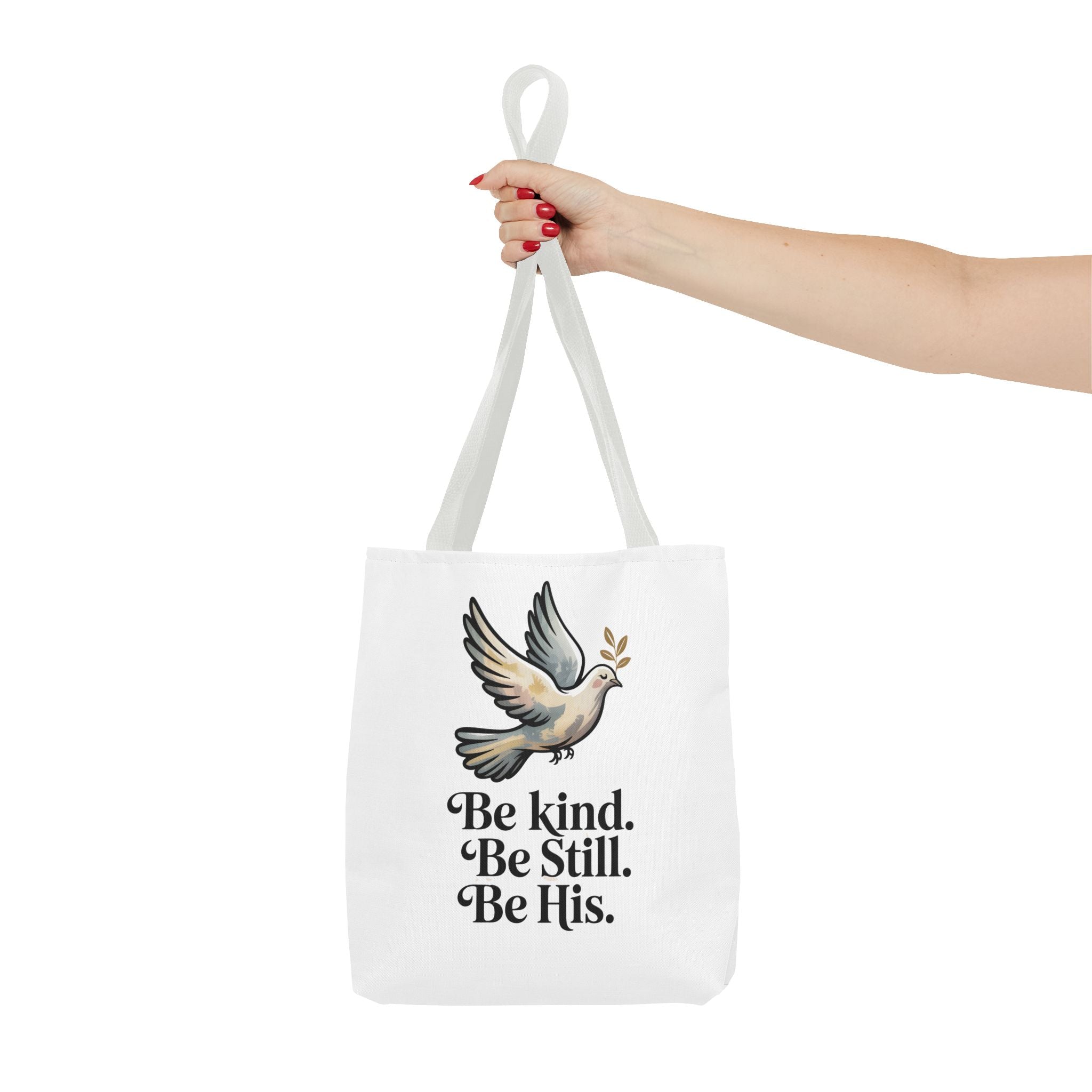 Inspirational Dove Tote Bag — "Be kind. Be still. Be His." Faith Prayer Canvas Tote