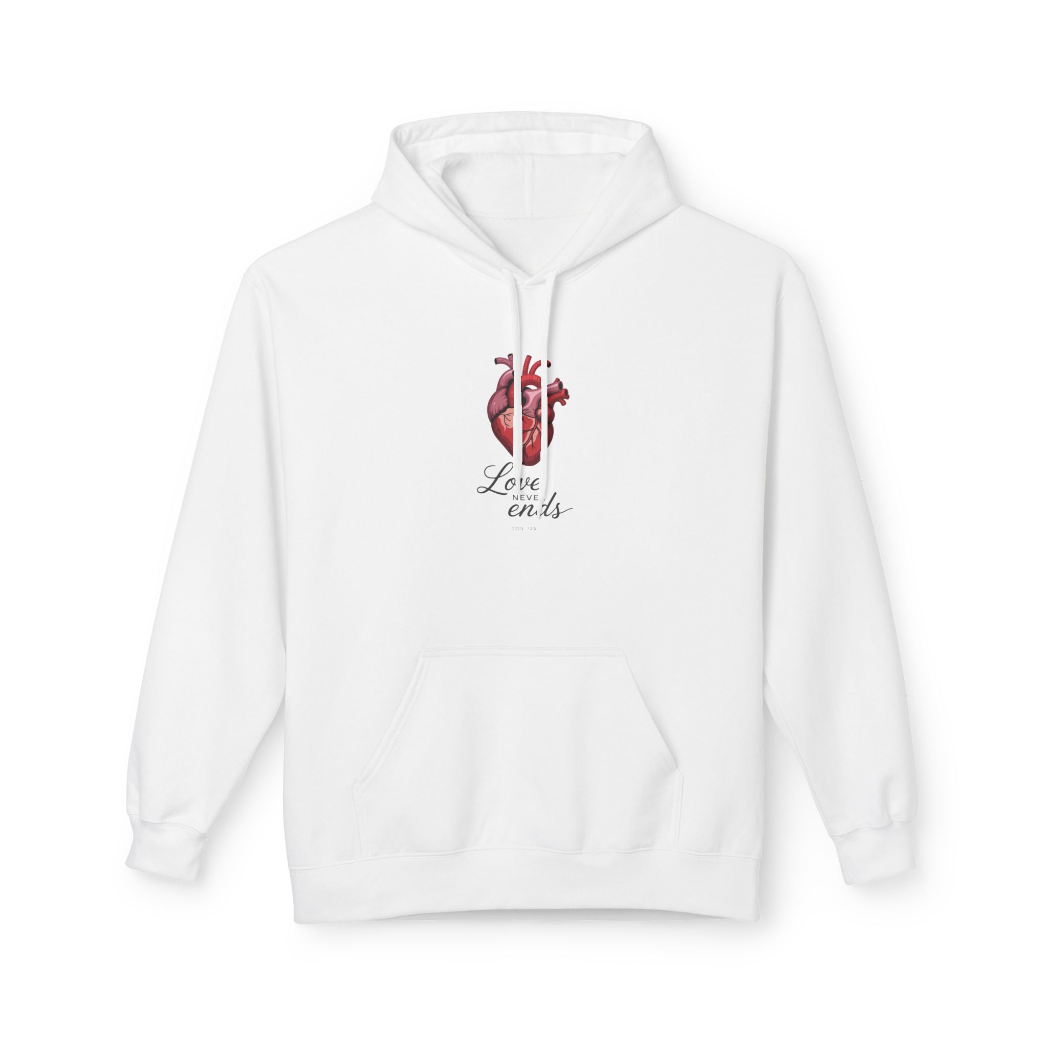 Love Never Ends Hoodie — Realistic Heart Christian Sweatshirt