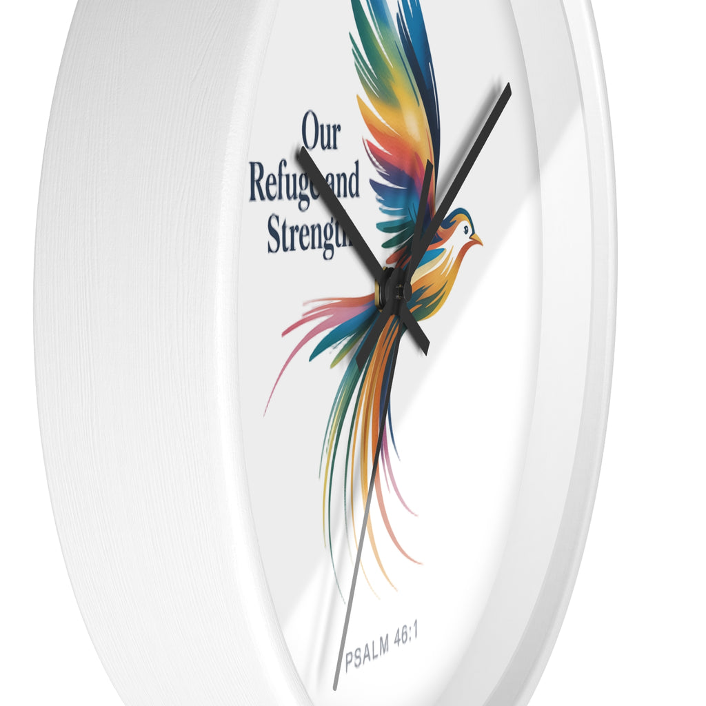 Wall Clock — 'Our Refuge and Strength' Colorful Dove Psalm 46:1 Christian Wall Clock