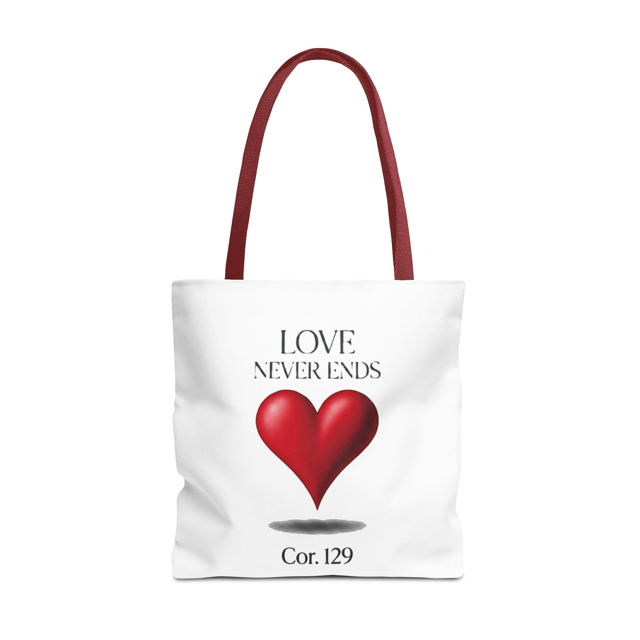 Tote Bag — “Love Never Ends” Heart Tote (Cor. 1:29)