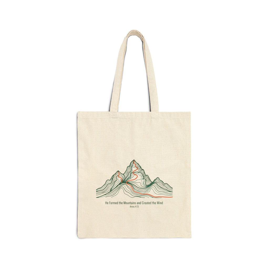 Topographic Mountain Tote Bag — "He Formed the Mountains and Created the Wind" (Amos 4:13)
