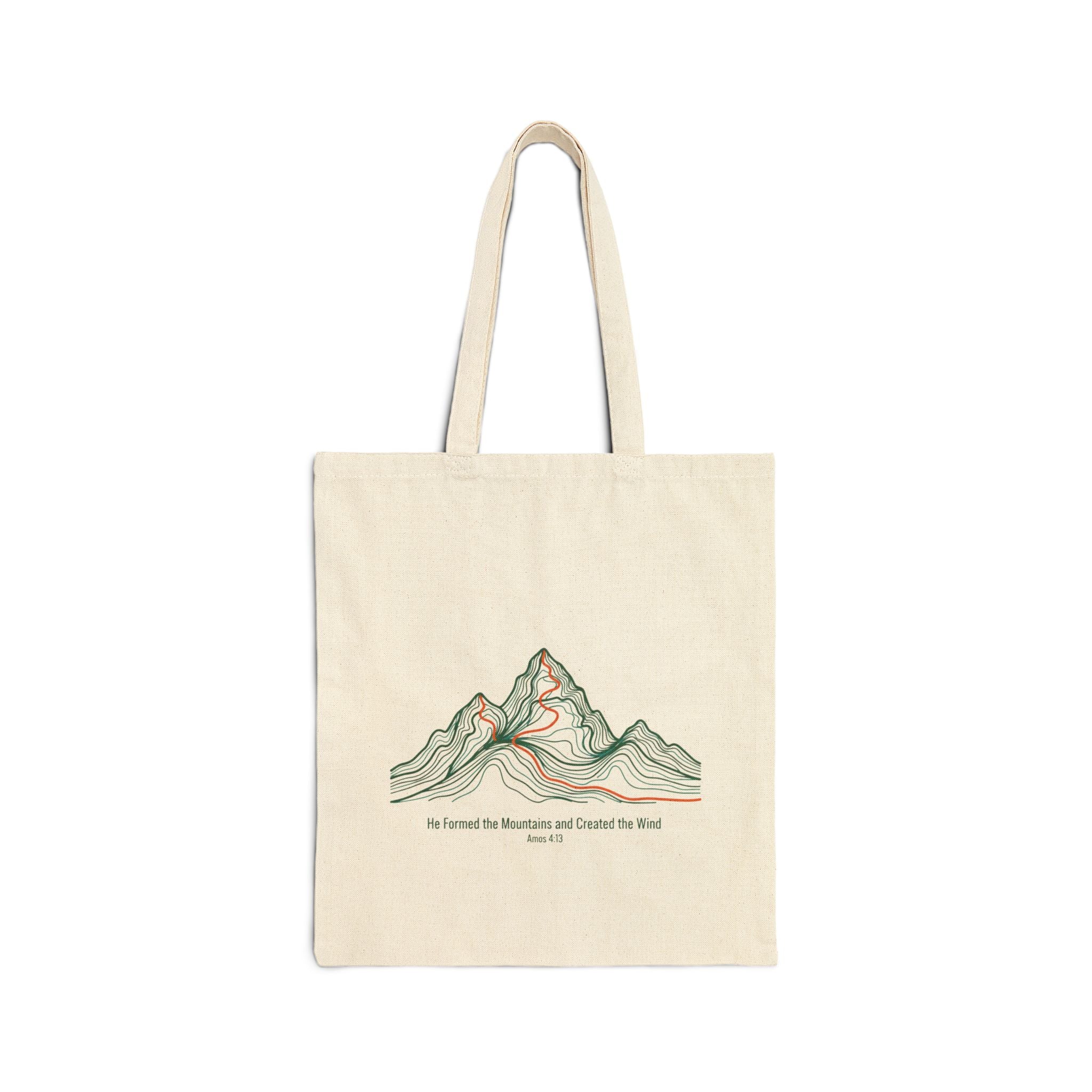 Topographic Mountain Tote Bag — "He Formed the Mountains and Created the Wind" (Amos 4:13)