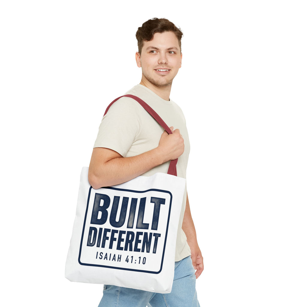 Built Different Tote Bag — Isaiah 41:10 Inspirational Canvas Tote
