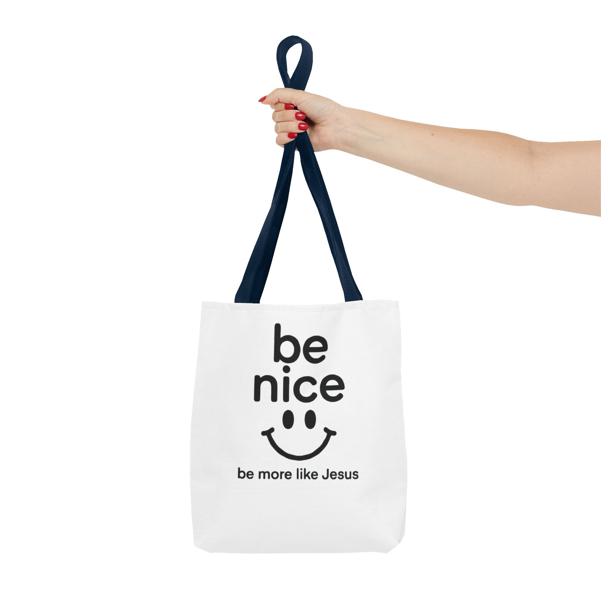 Be Nice Smiley Tote Bag — "be more like Jesus" Inspirational Canvas Tote