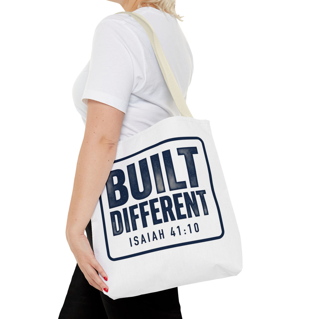 Built Different Tote Bag — Isaiah 41:10 Inspirational Canvas Tote