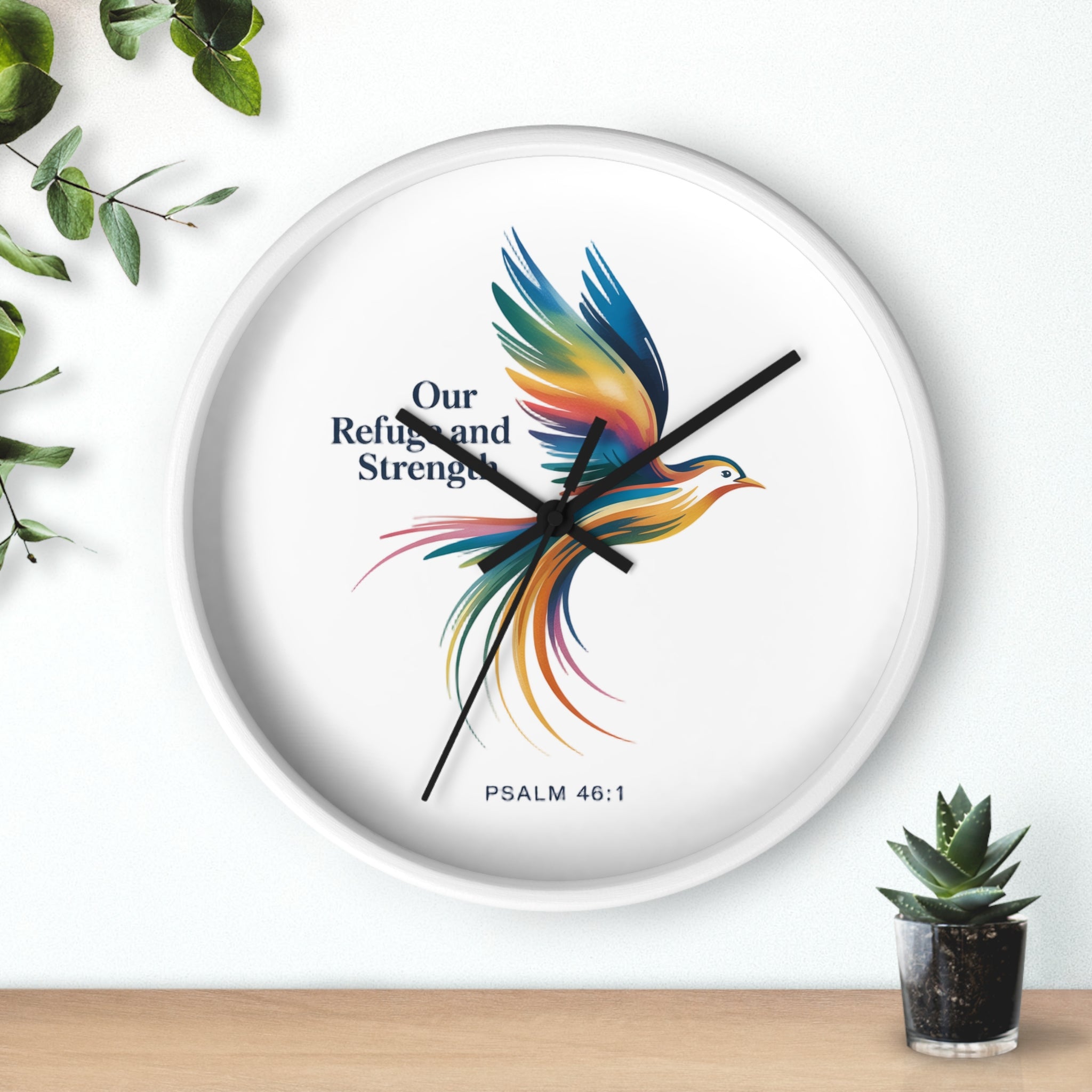 Wall Clock — 'Our Refuge and Strength' Colorful Dove Psalm 46:1 Christian Wall Clock