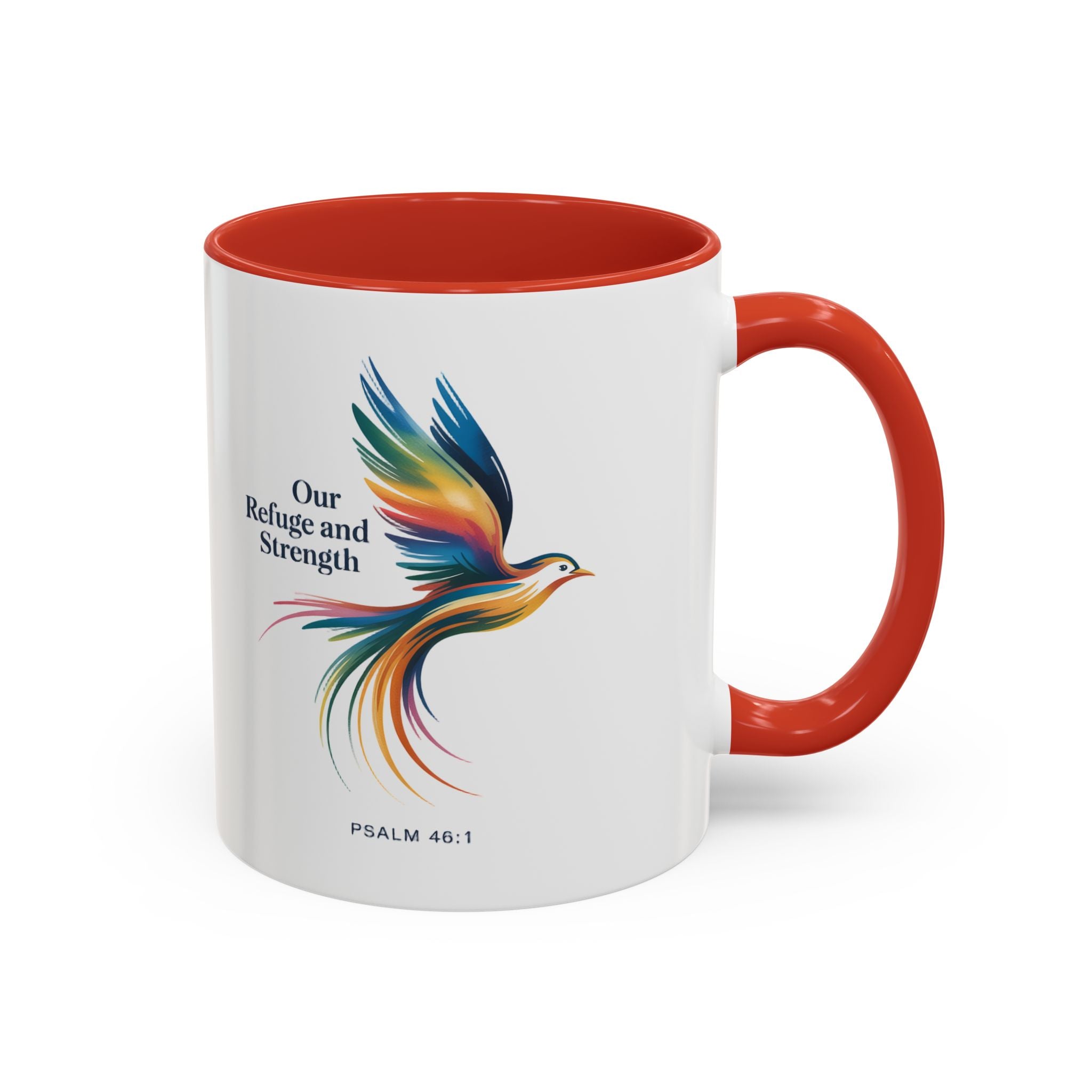 Our Refuge and Strength Accent Coffee Mug — Colorful Bird Psalm Design (11/15 oz)