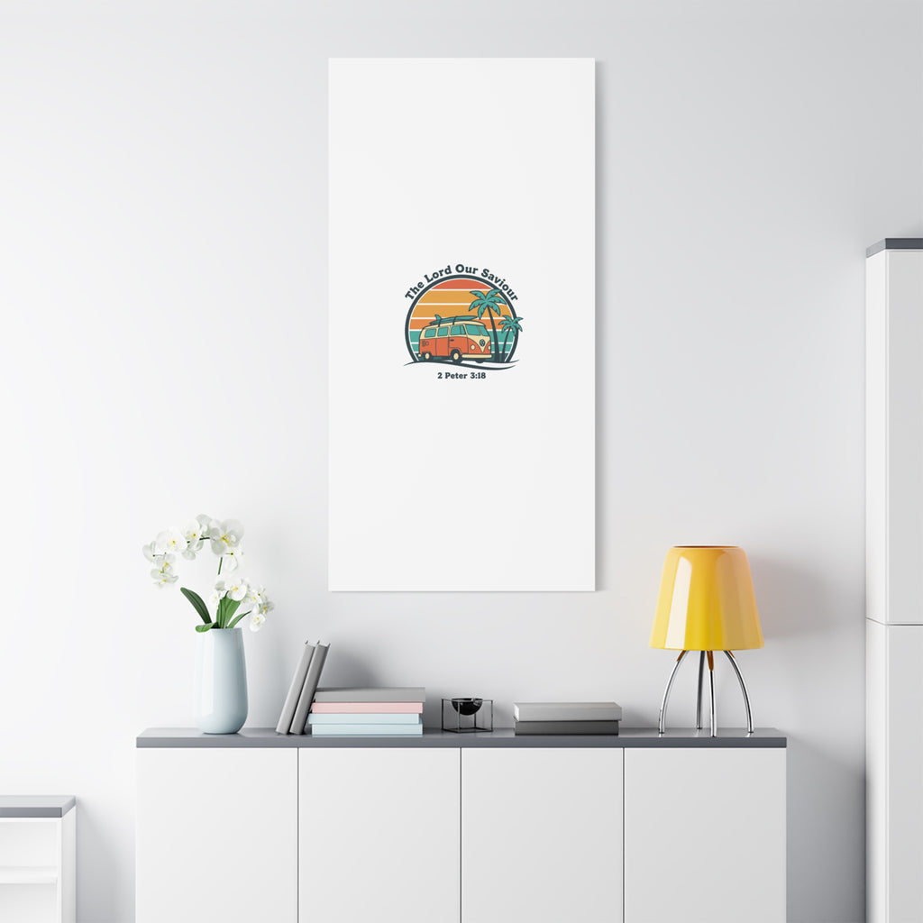 The Lord our Saviour, Retro Surf Sunset Canvas | 70s Van Palm Postcard, Analog Sunshine Aesthetic