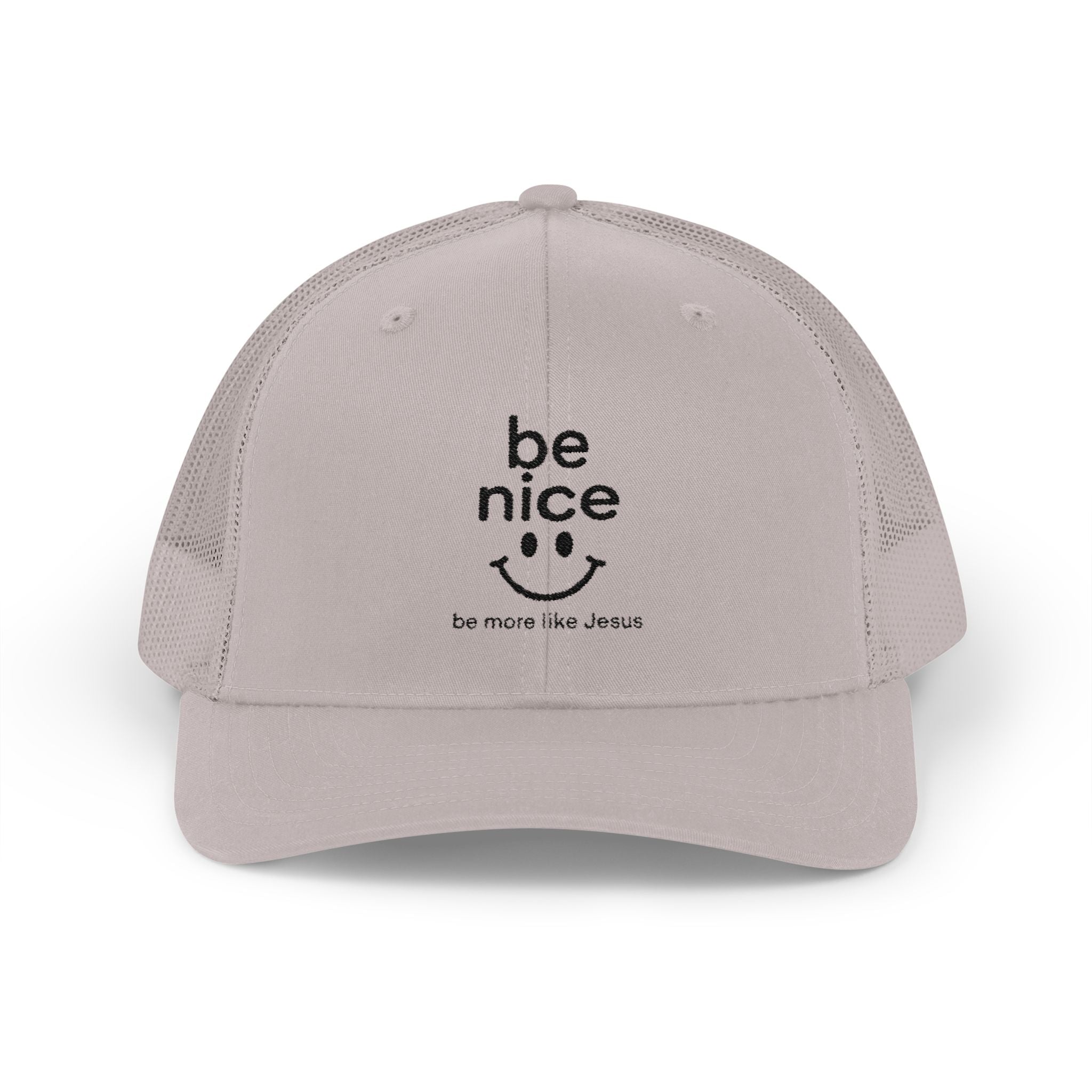Be Nice Smiley Snapback Trucker Cap — Positive Message Mesh Hat