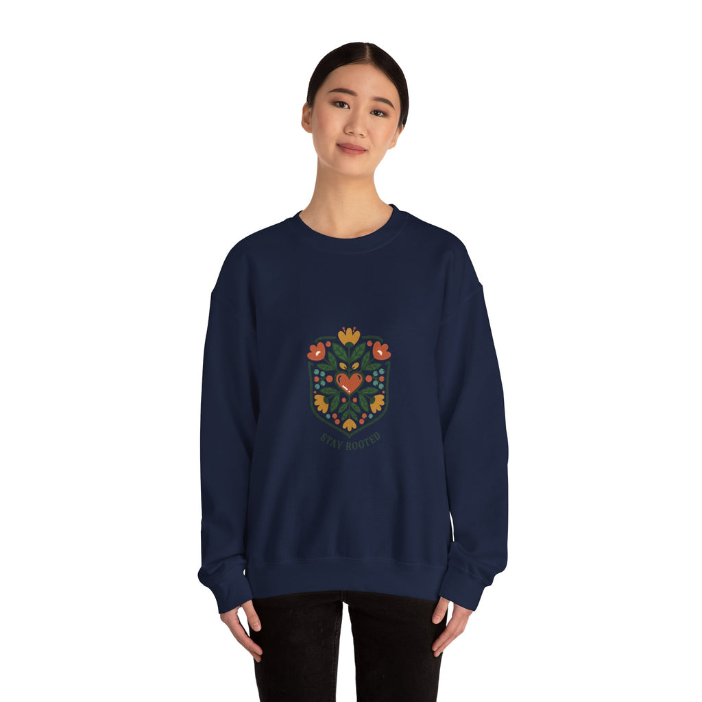 Stay Rooted Folk Botanical Sweatshirt | hand-drawn folk art print, embroidery style